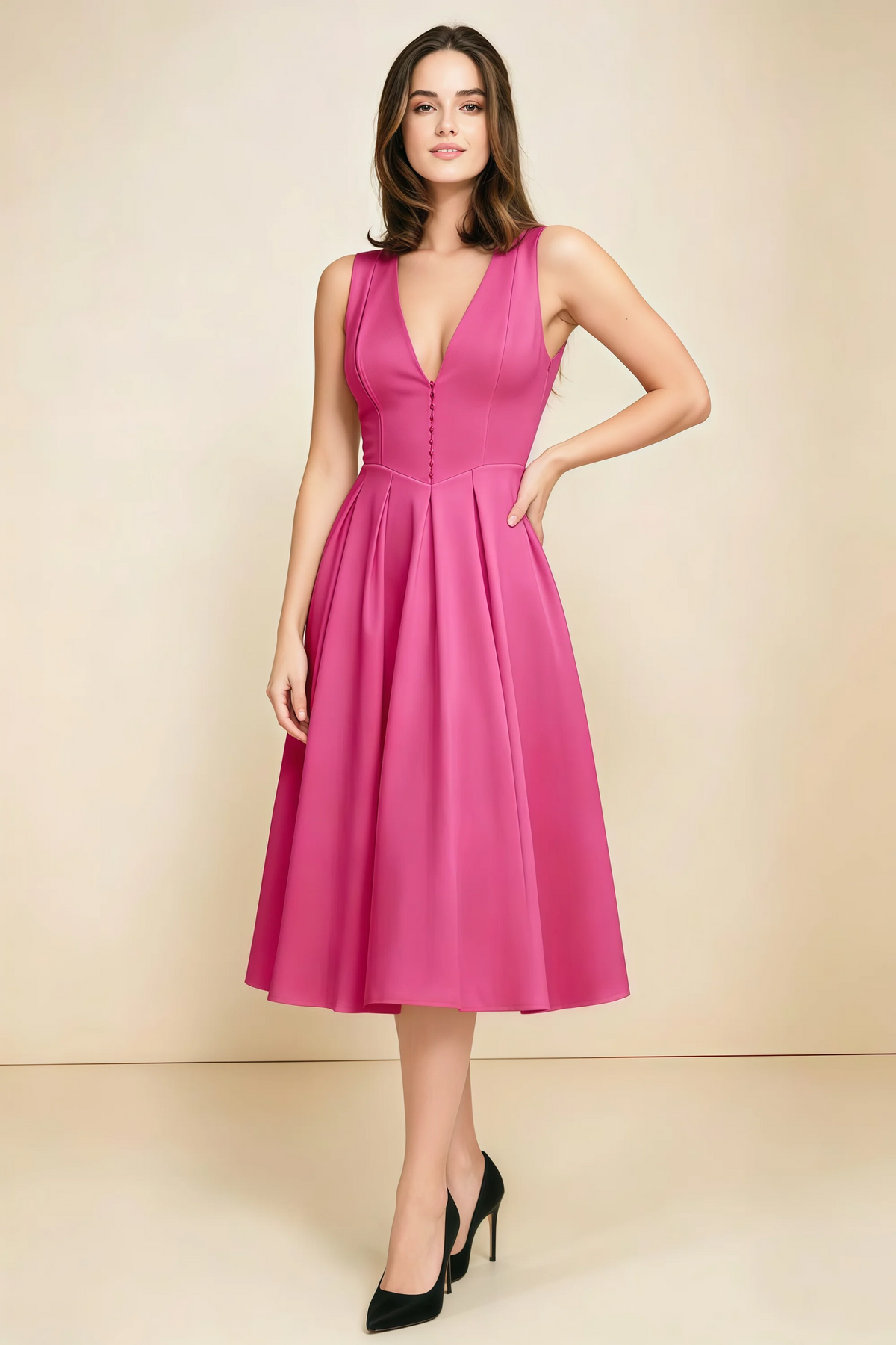 Alison Fuchsia V-Neck Structured Midi Dress