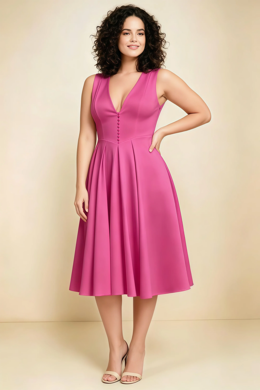 Alison Fuchsia V-Neck Structured Midi Dress