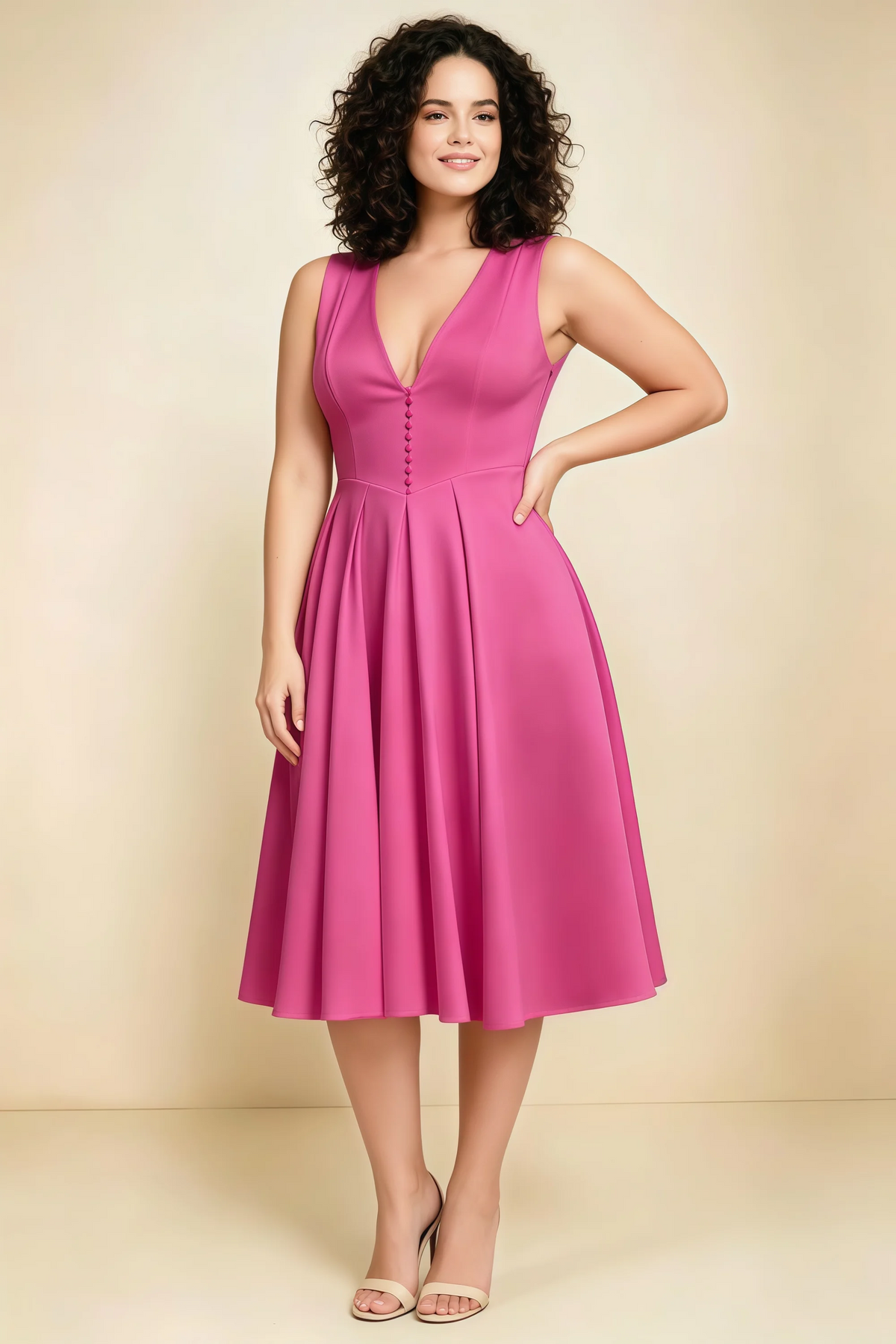 Alison Fuchsia V-Neck Structured Midi Dress