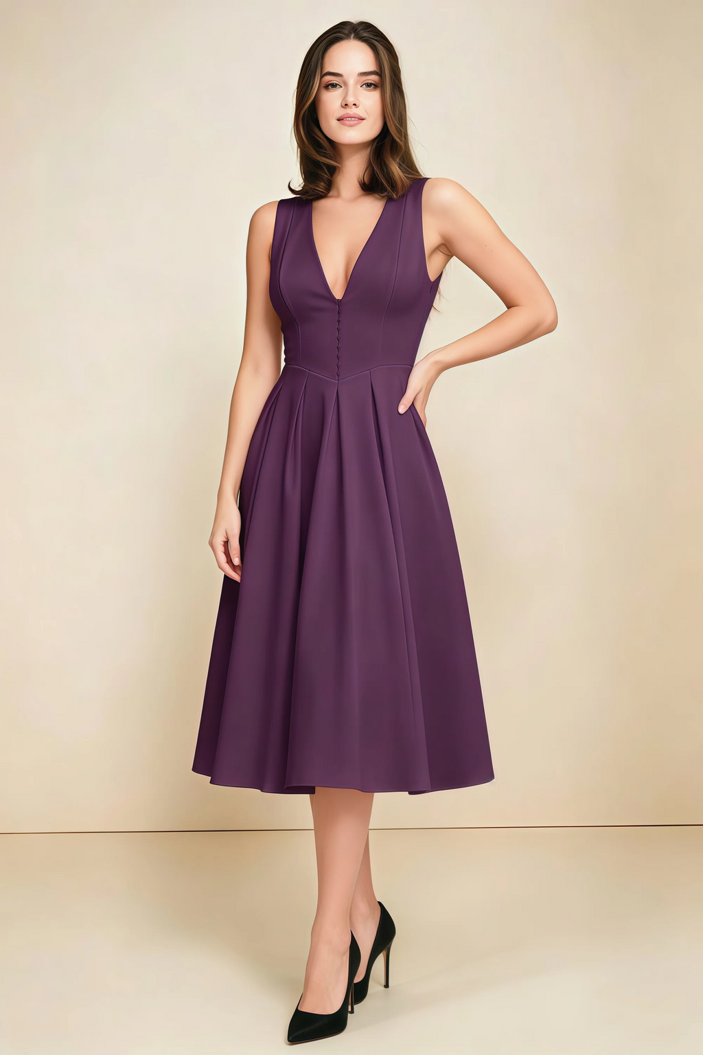 Alison Grape V-Neck Structured Midi Dress