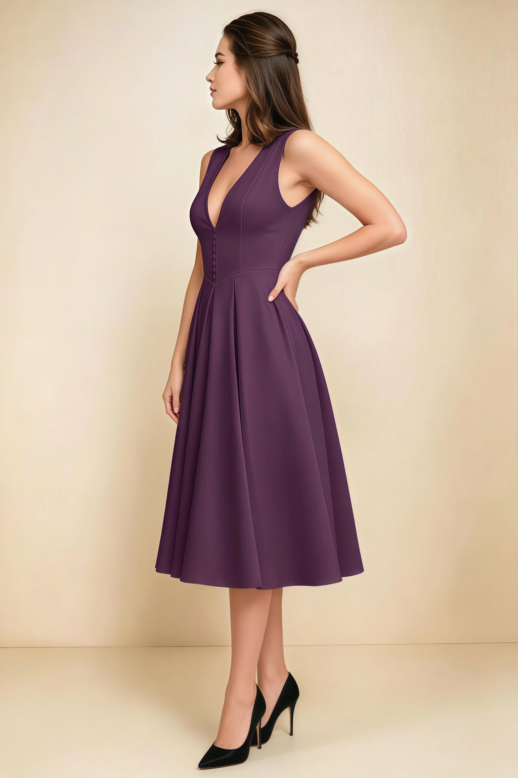 Alison Grape V-Neck Structured Midi Dress