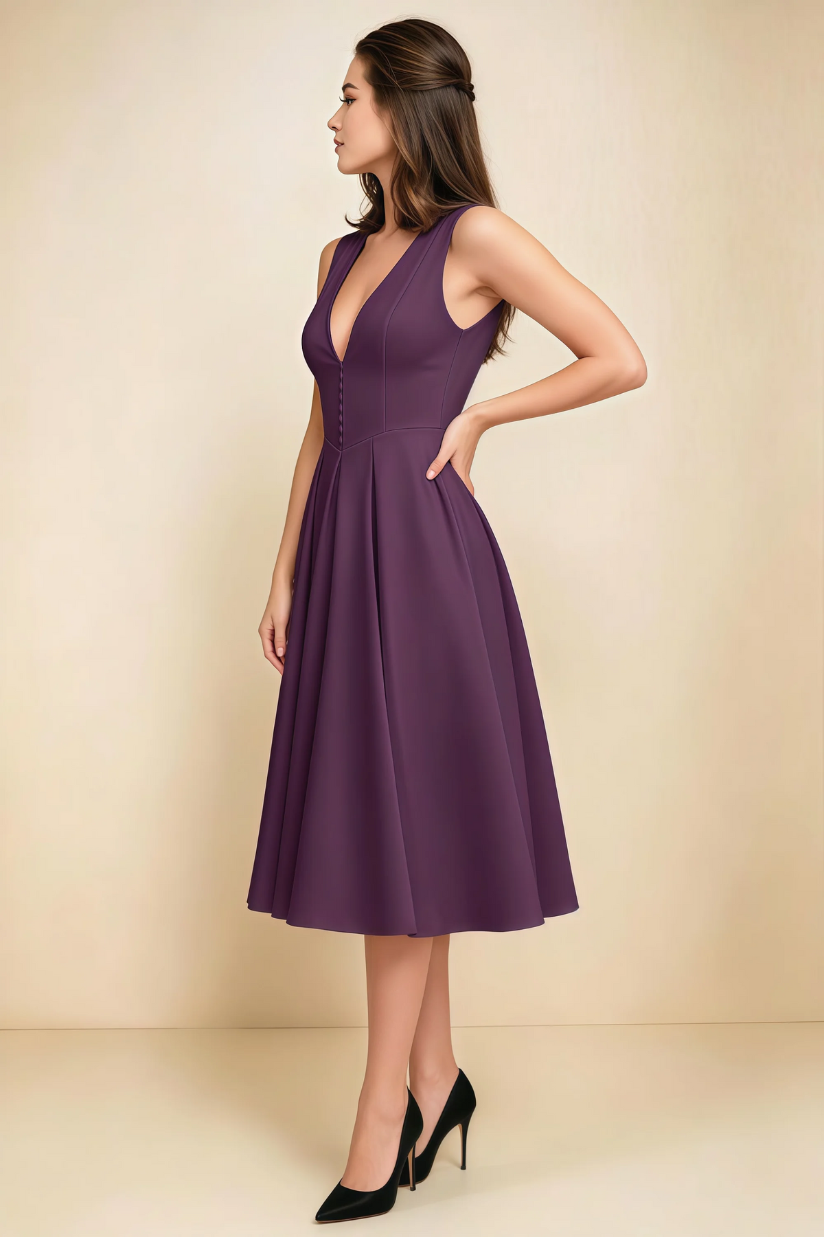 Alison Grape V-Neck Structured Midi Dress