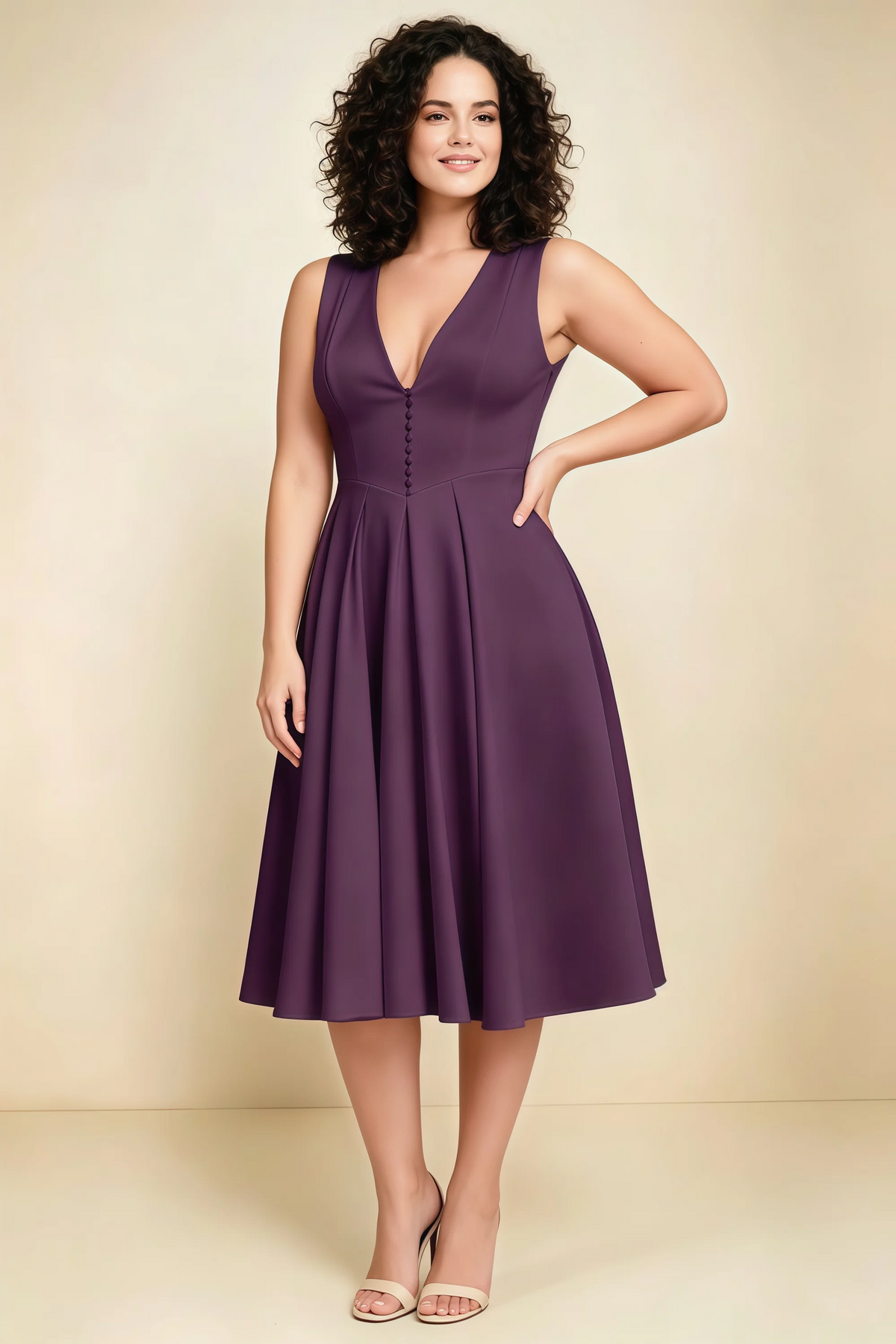 Alison Grape V-Neck Structured Midi Dress