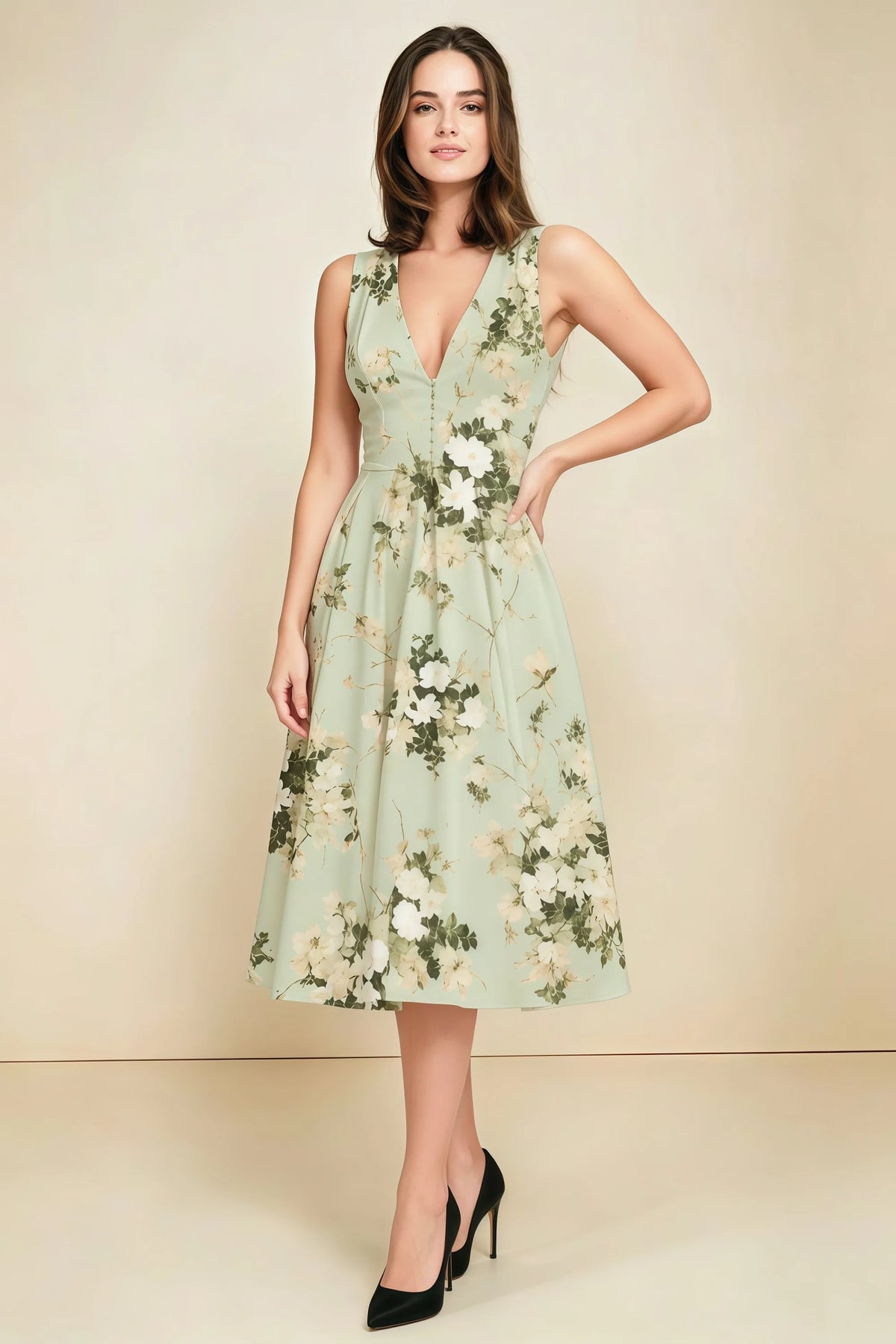Alison Green Floral V-Neck Structured Midi Dress Main image