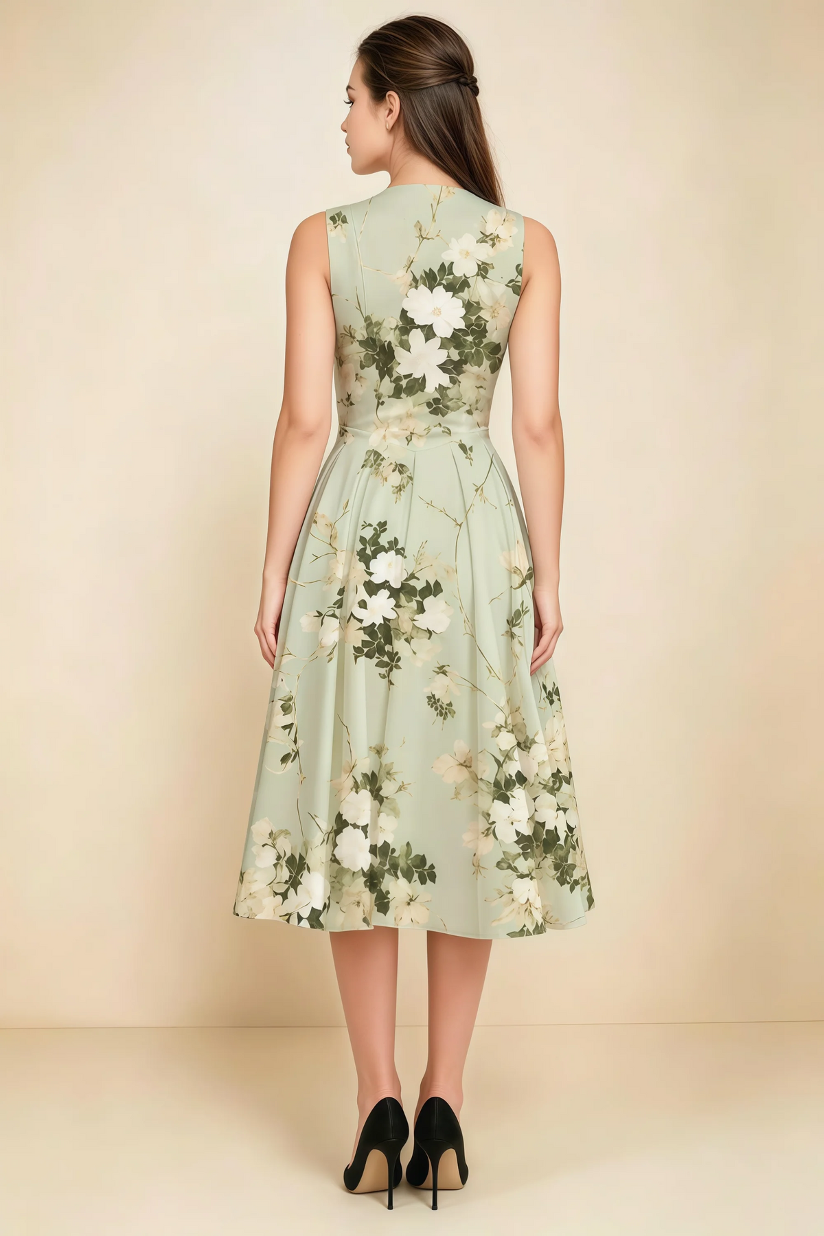 Alison Green Floral V-Neck Structured Midi Dress