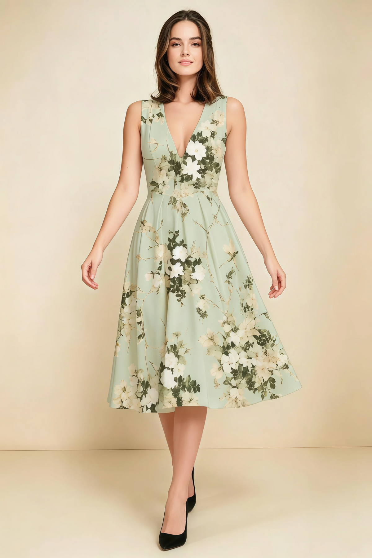 Alison Green Floral V-Neck Structured Midi Dress