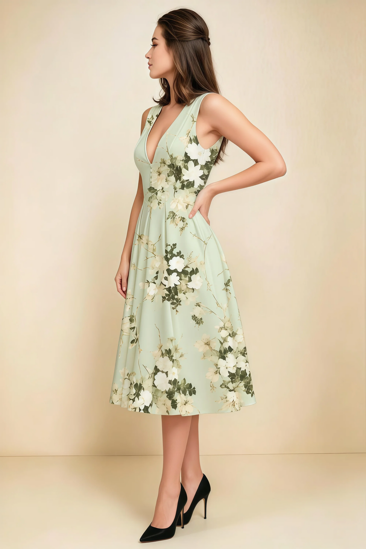 Alison Green Floral V-Neck Structured Midi Dress