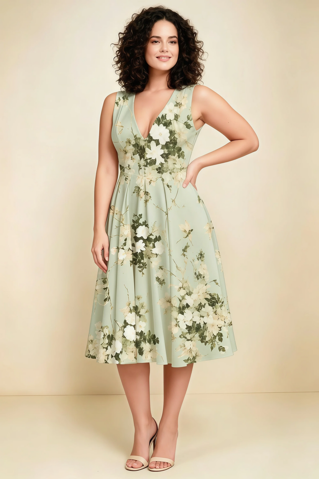 Alison Green Floral V-Neck Structured Midi Dress