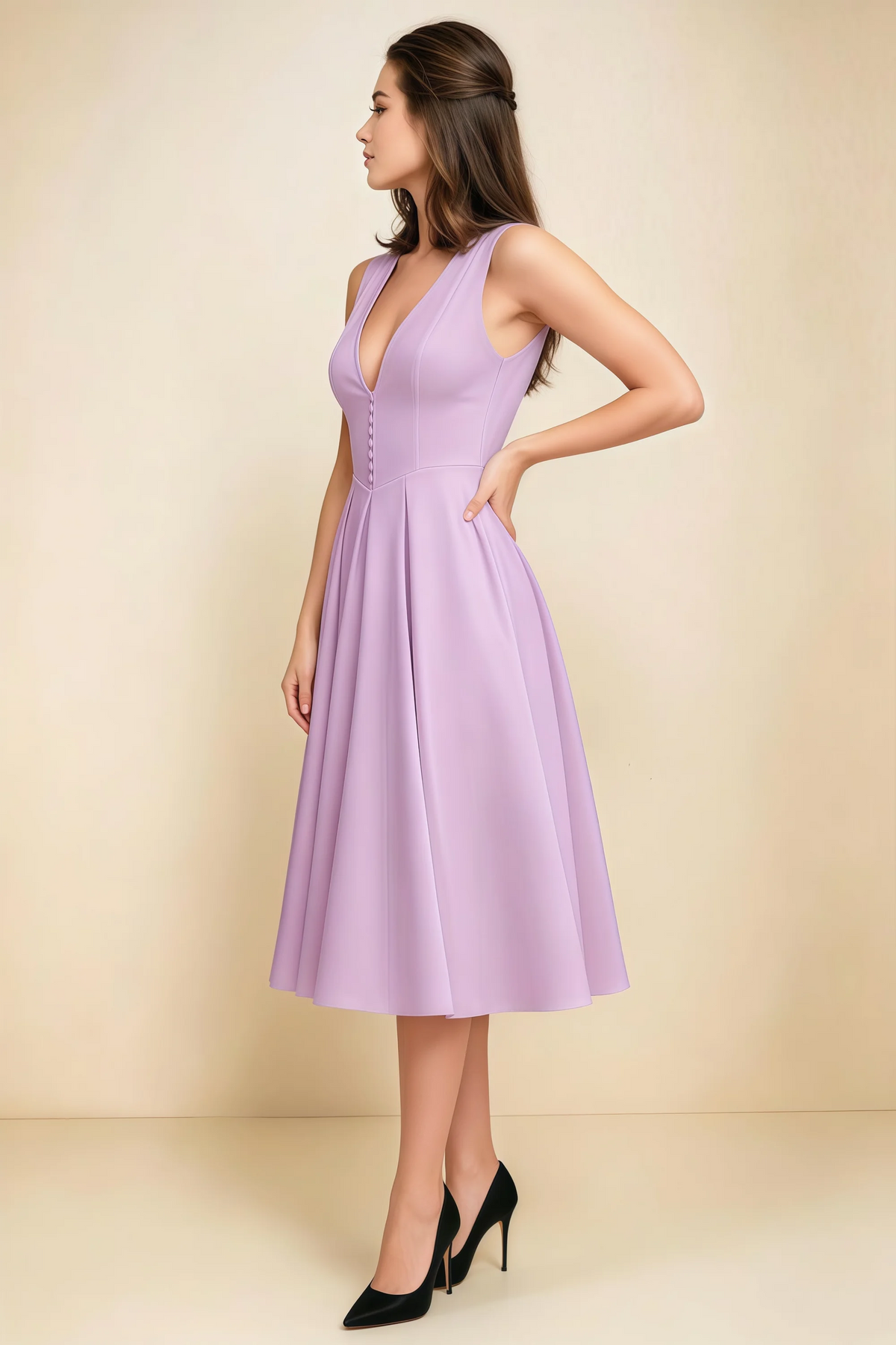 Alison Lilac V-Neck Structured Midi Dress