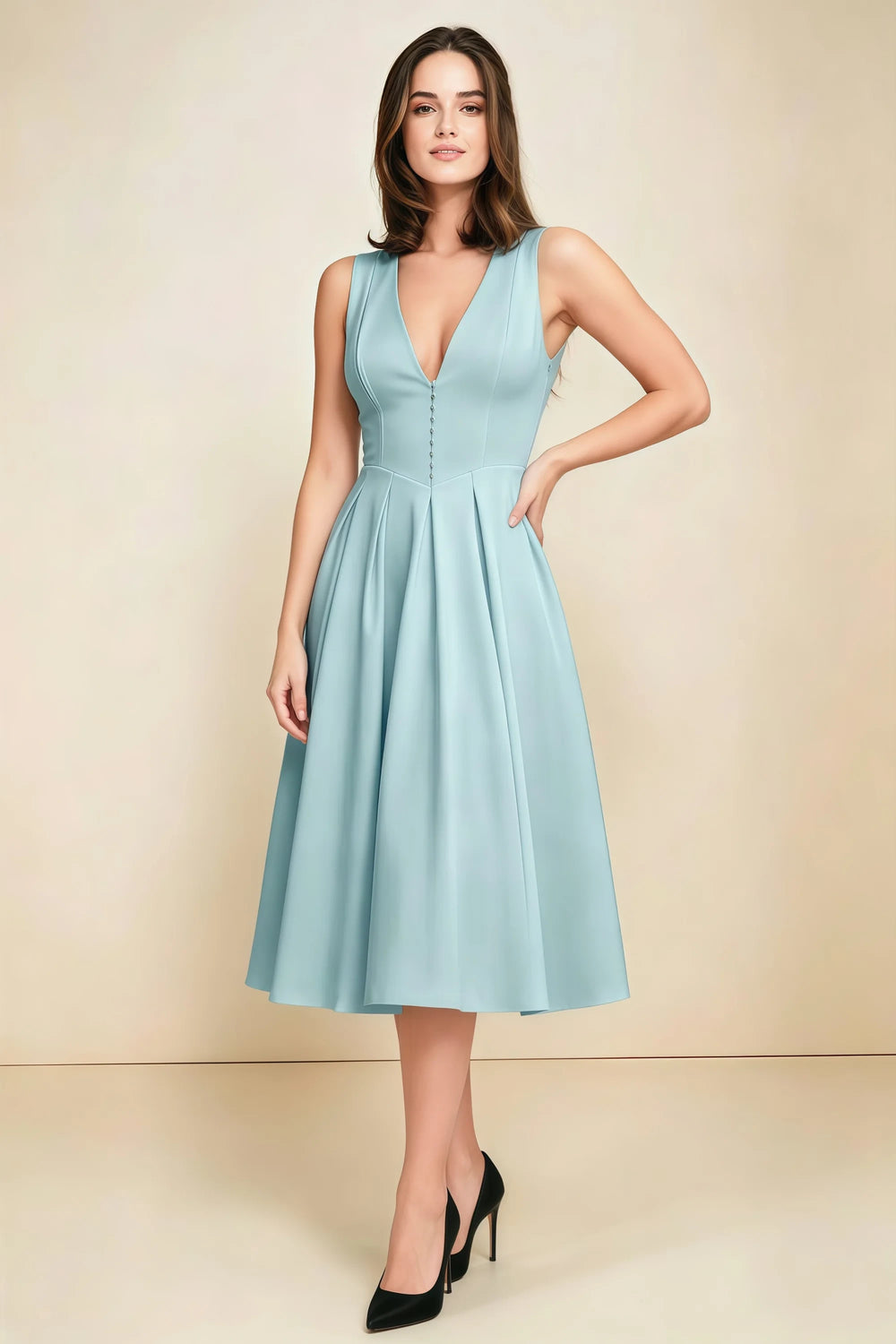 Translation missing: en.Full-length view of the LVLVS Alison mist midi dress, showing the sleeveless V-neck bodice, fitted waist and flared pleated skirt. content.product_image_main