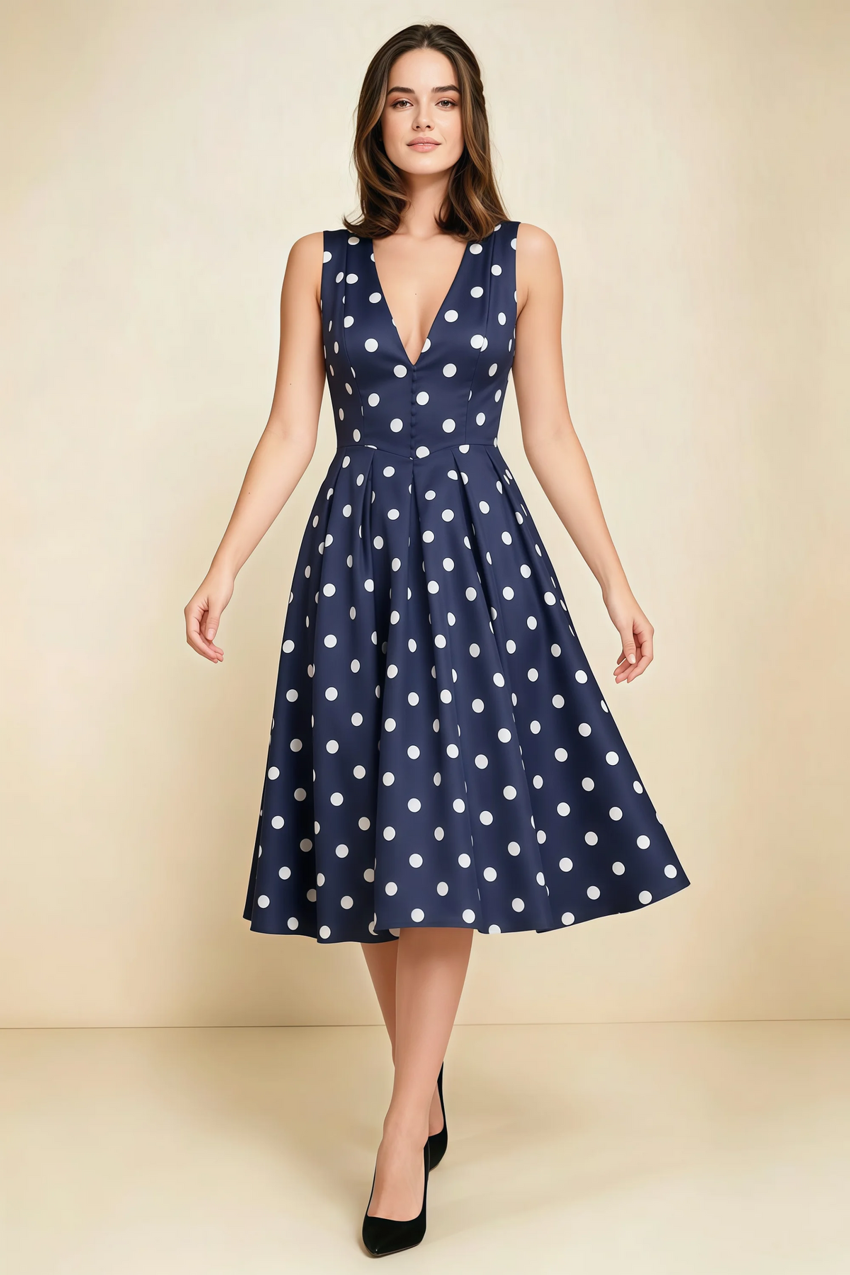 Alison Navy Polka Dot V-Neck Structured Midi Dress