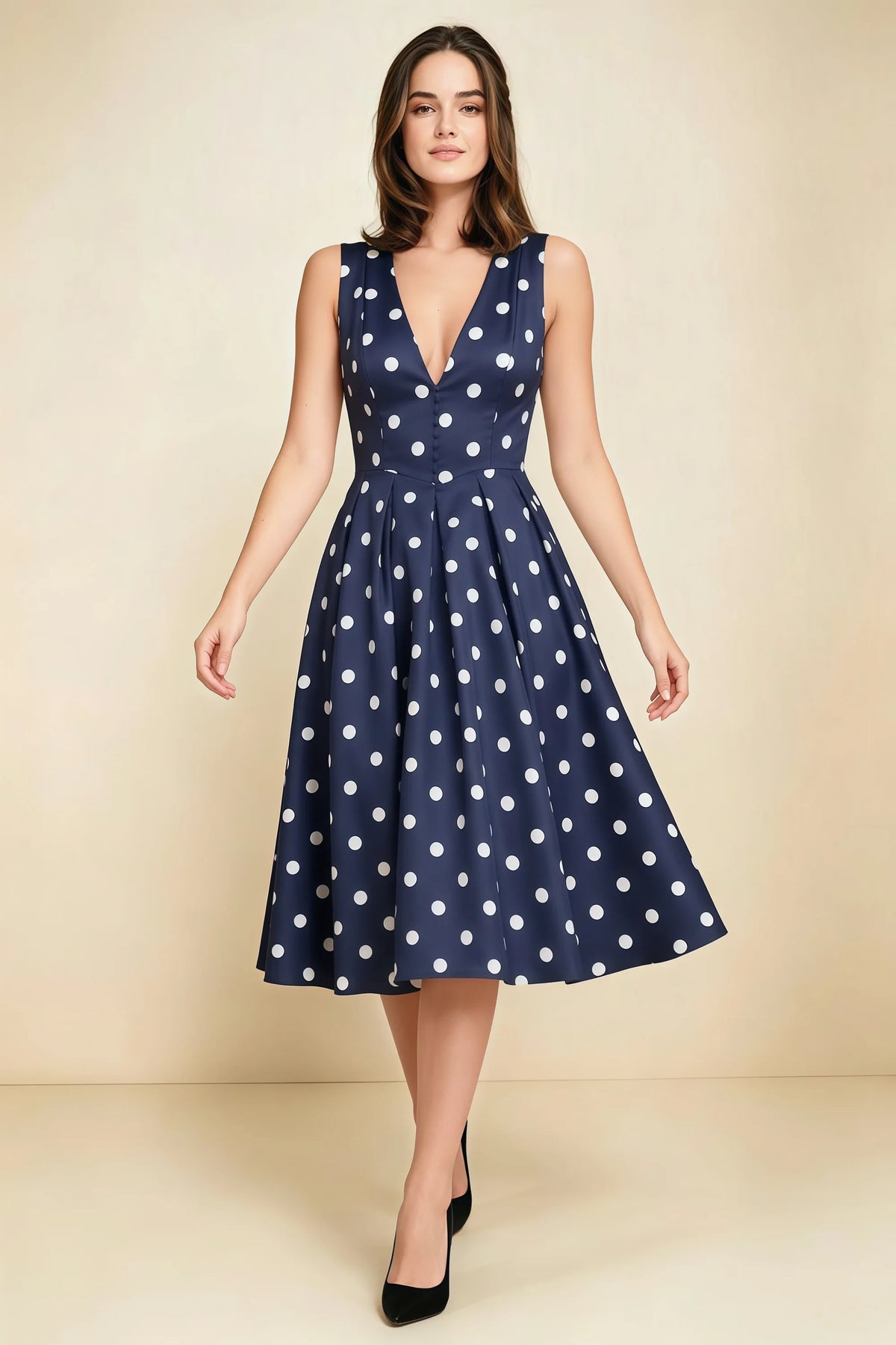 Alison Navy Polka Dot V-Neck Structured Midi Dress Main image