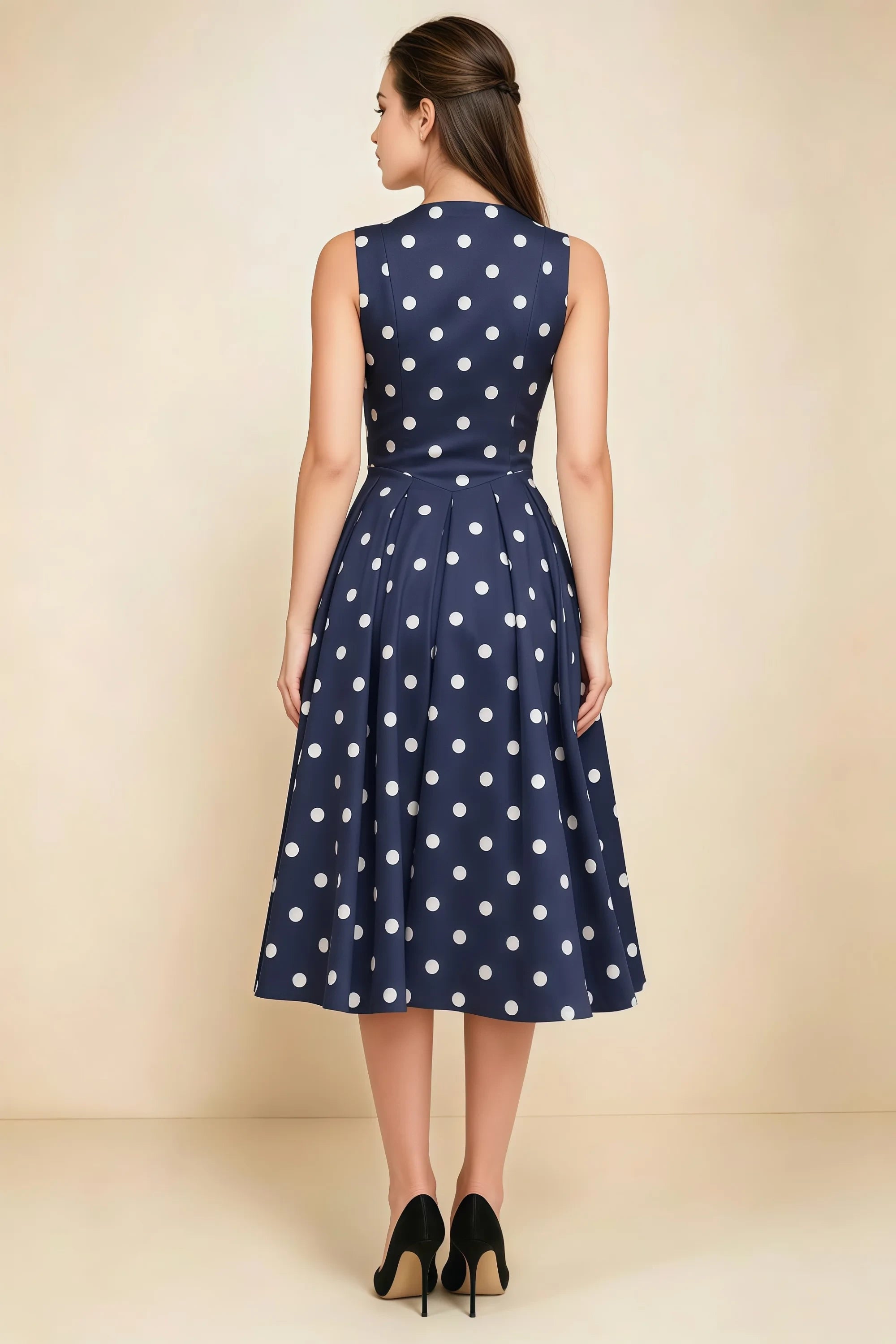 Alison Navy Polka Dot V-Neck Structured Midi Dress Secondary image