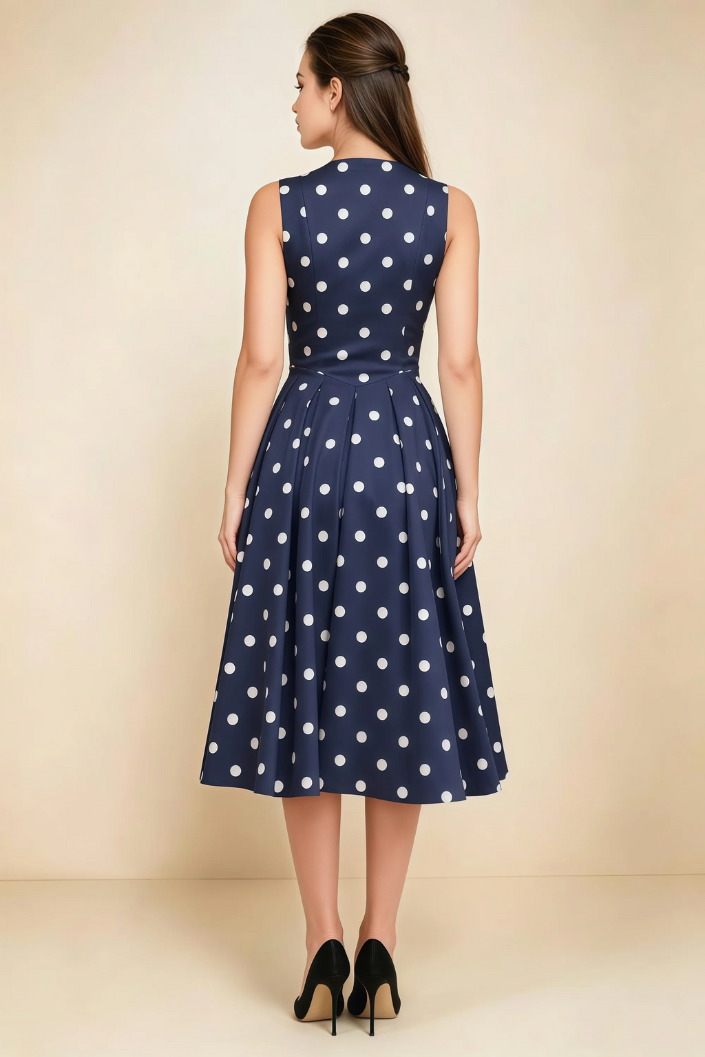 Alison Navy Polka Dot V-Neck Structured Midi Dress