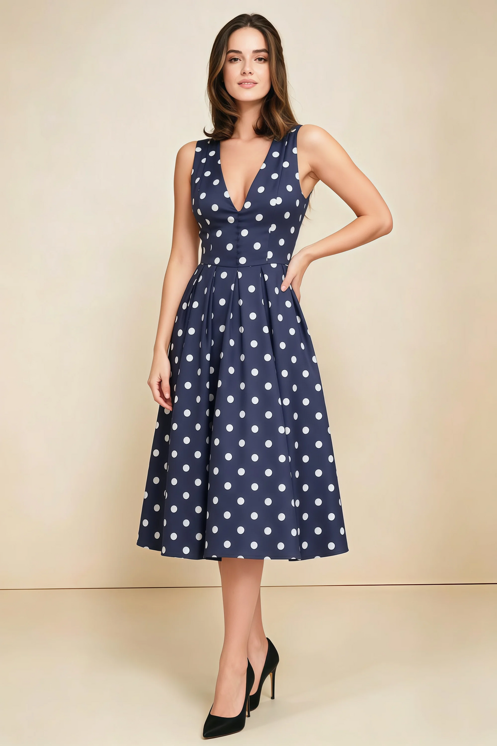 Alison Navy Polka Dot V-Neck Structured Midi Dress