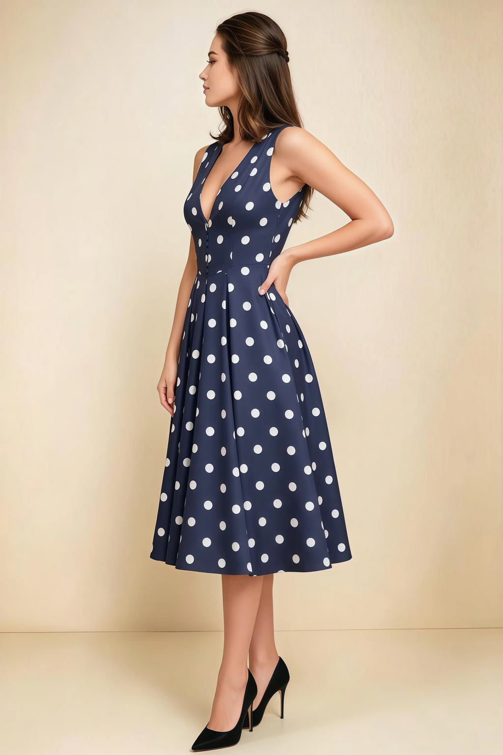 Alison Navy Polka Dot V-Neck Structured Midi Dress