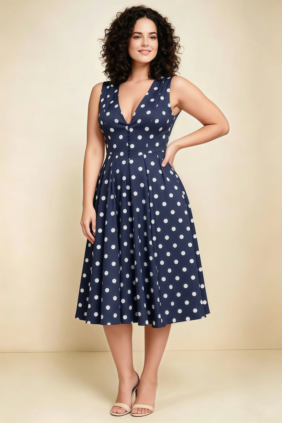 Alison Navy Polka Dot V-Neck Structured Midi Dress
