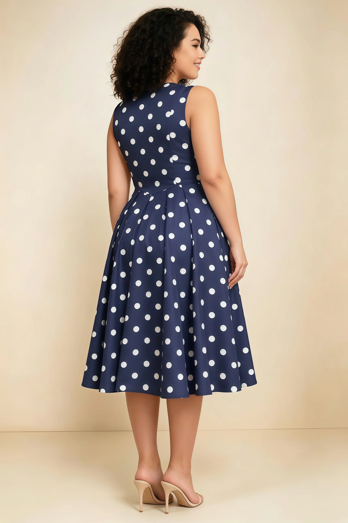 Alison Navy Polka Dot V-Neck Structured Midi Dress