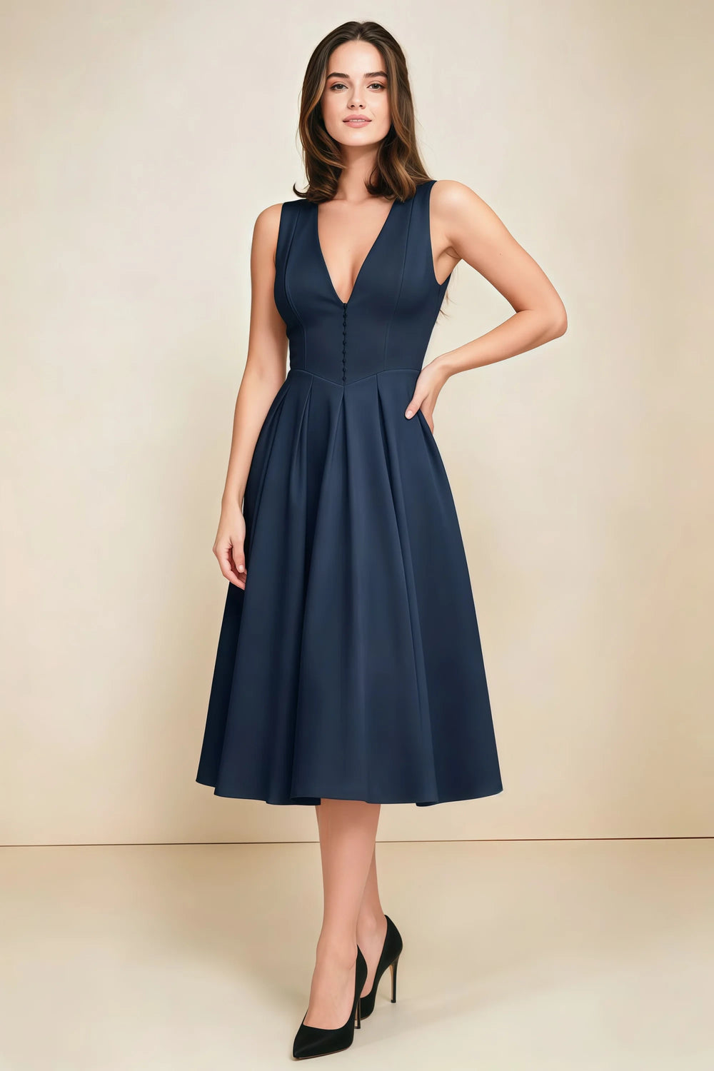 Translation missing: en.Full-length view of the LVLVS Alison navy midi dress, showing the sleeveless V-neck bodice, fitted waist and flared pleated skirt. content.product_image_main