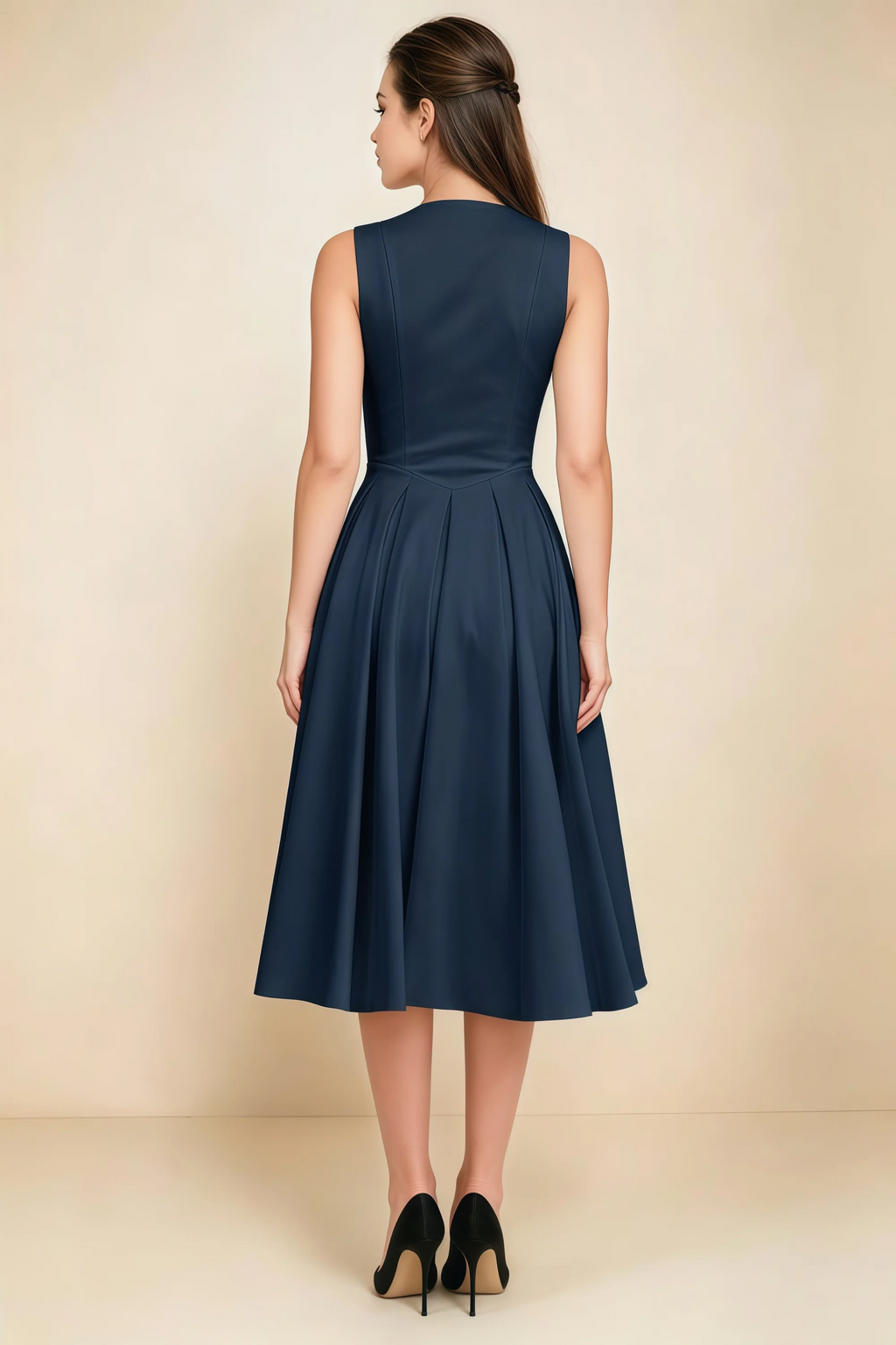 Alison Navy V-Neck Structured Midi Dress