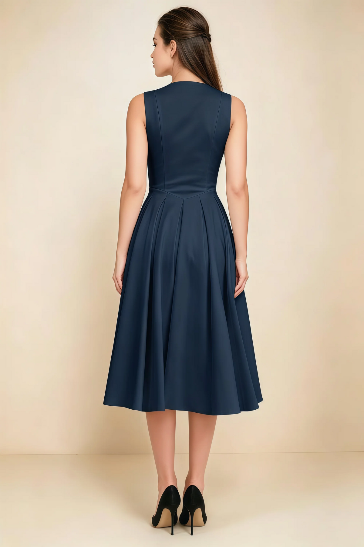 Alison Navy V-Neck Structured Midi Dress