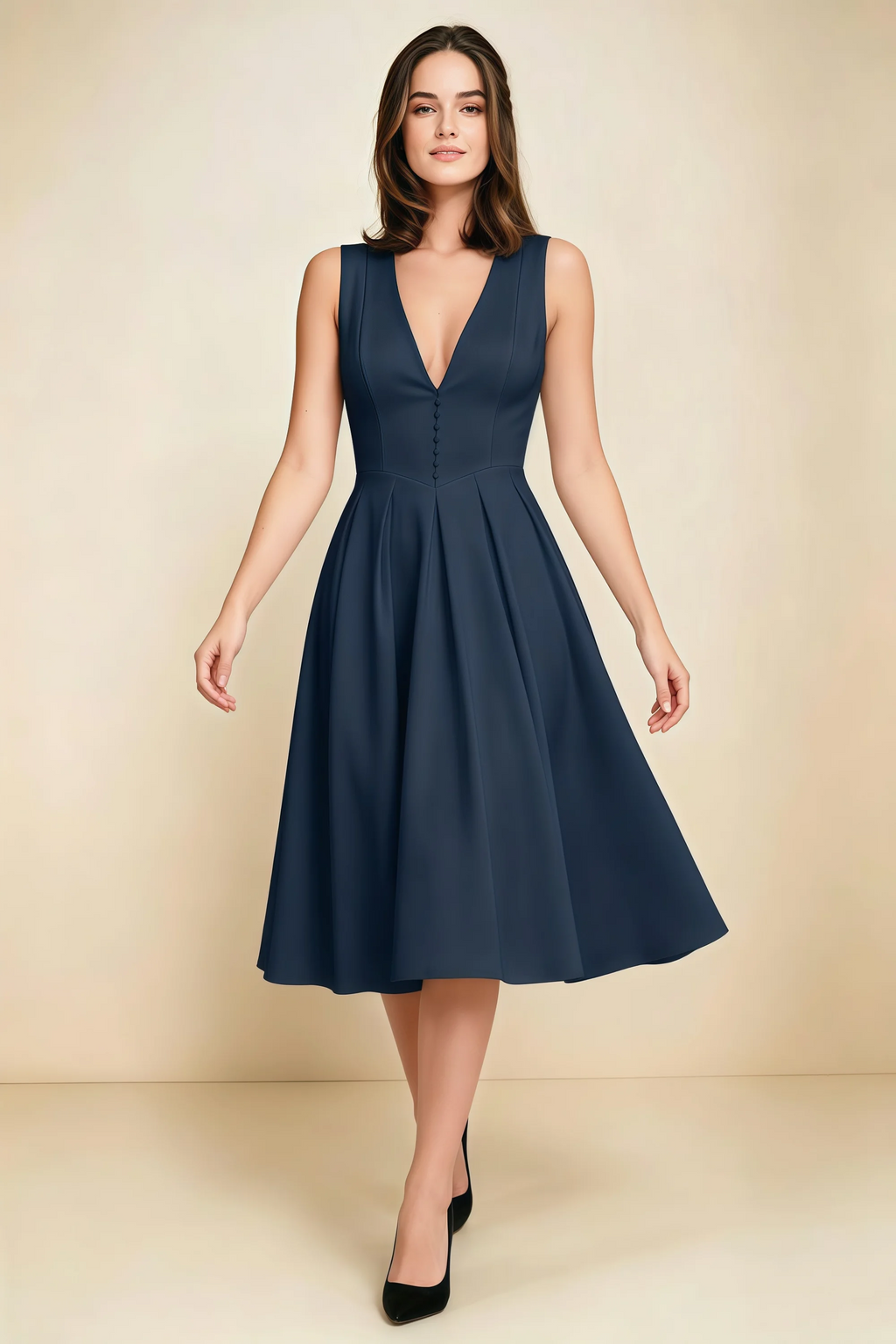 Alison Navy V-Neck Structured Midi Dress