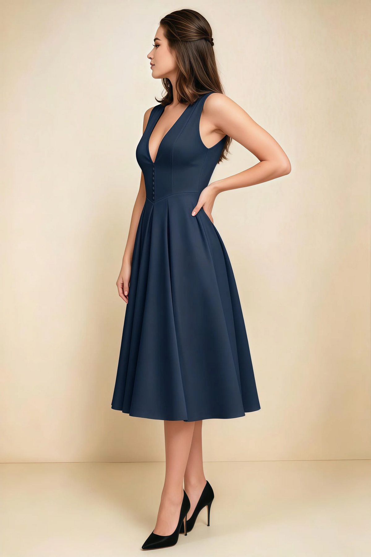 Alison Navy V-Neck Structured Midi Dress