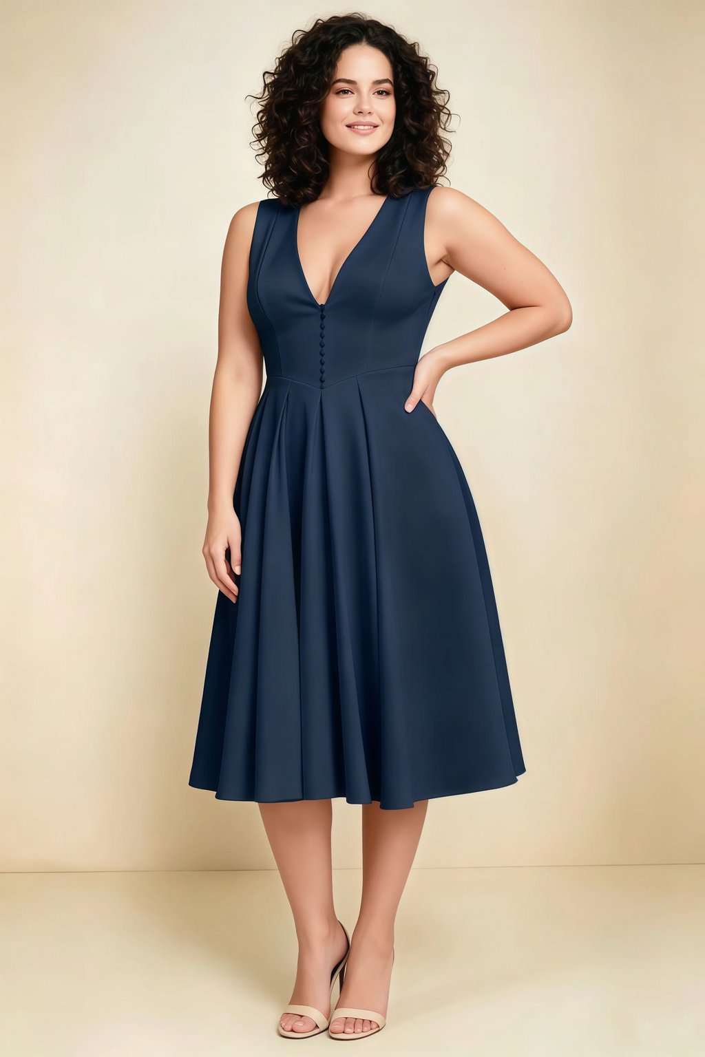Alison Navy V-Neck Structured Midi Dress