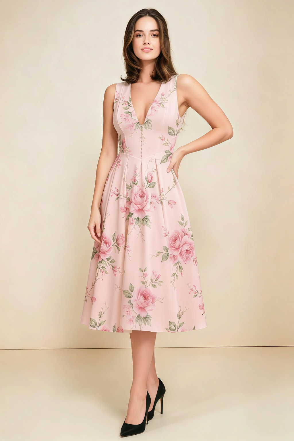 Alison Pink Floral V-Neck Structured Midi Dress