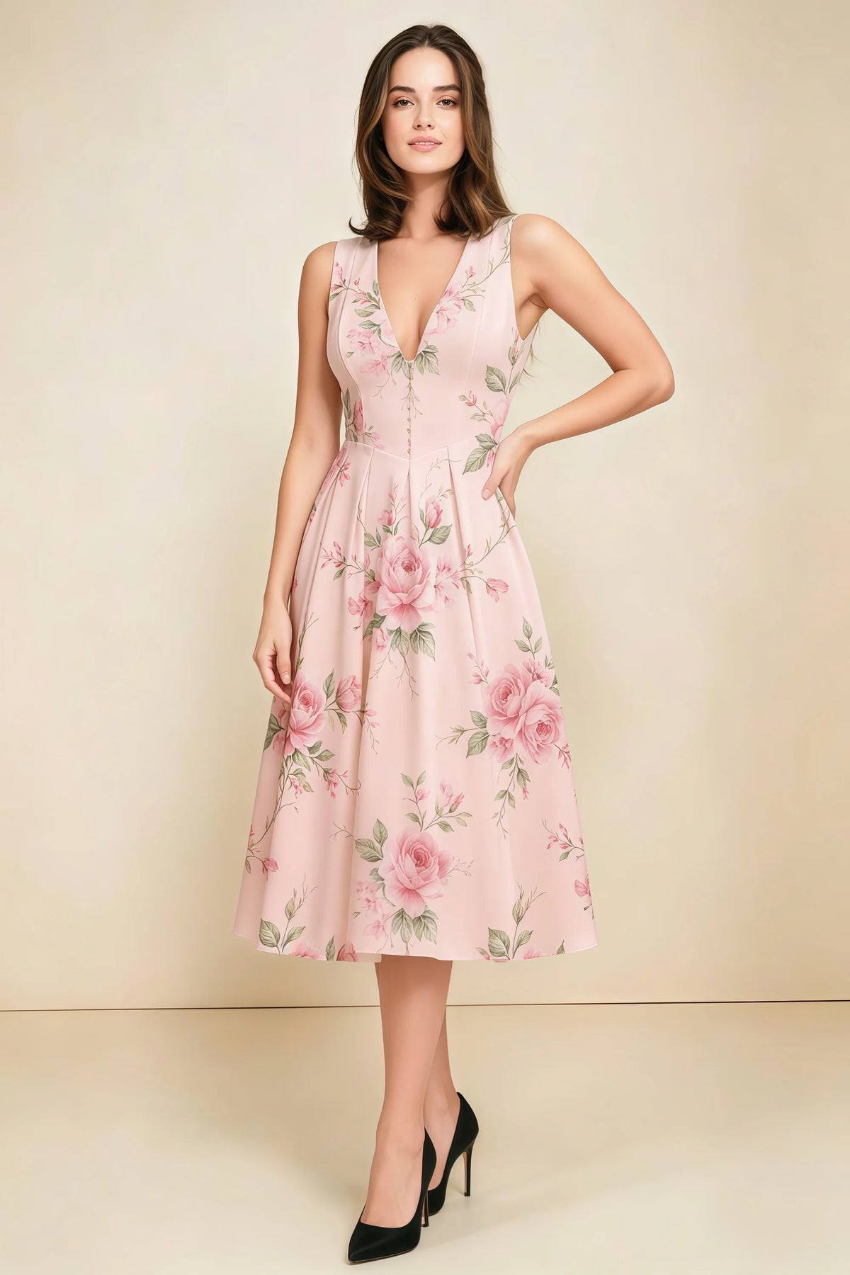 Alison Pink Floral V-Neck Structured Midi Dress Main image