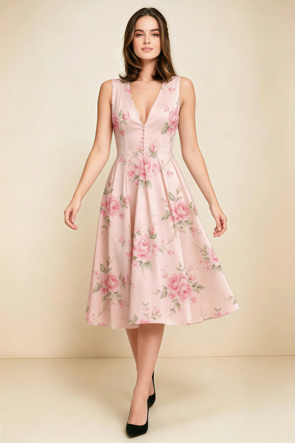 Alison Pink Floral V-Neck Structured Midi Dress