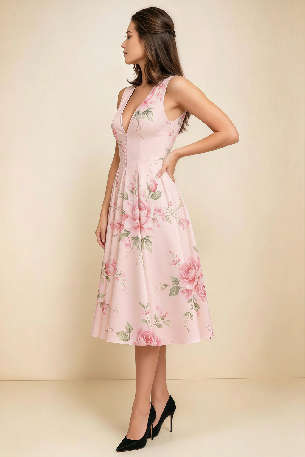 Alison Pink Floral V-Neck Structured Midi Dress