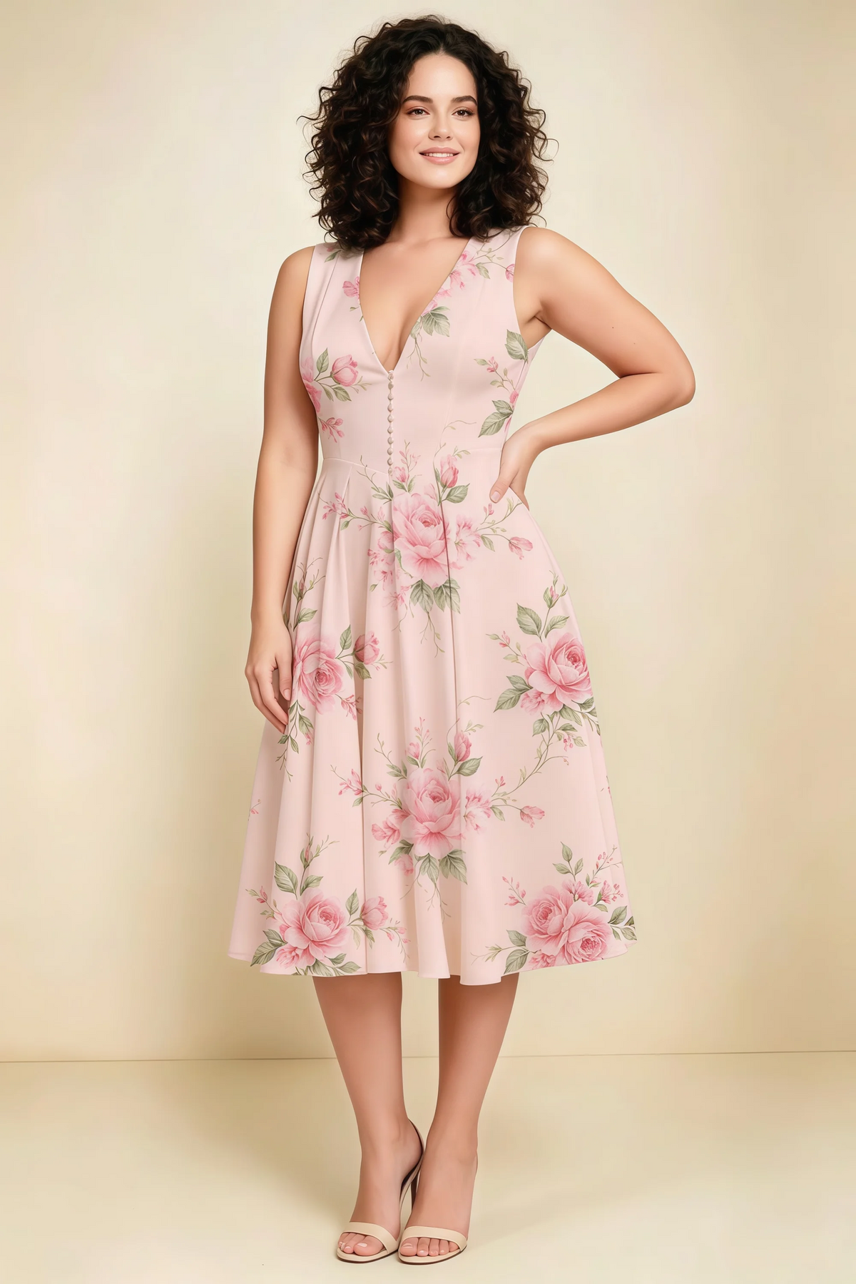 Alison Pink Floral V-Neck Structured Midi Dress