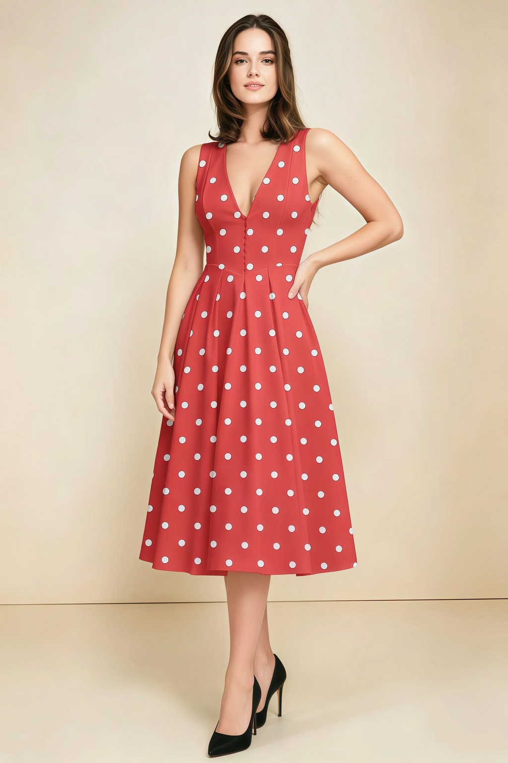 Alison Red Polka Dot V-Neck Structured Midi Dress