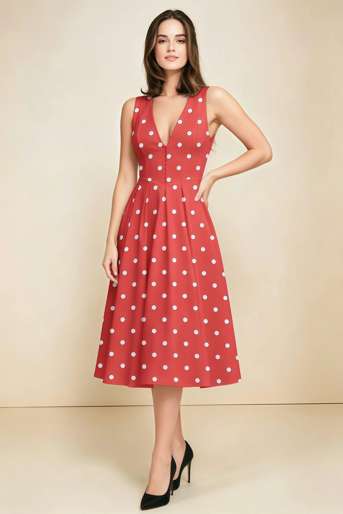 Alison Red Polka Dot V-Neck Structured Midi Dress Main image