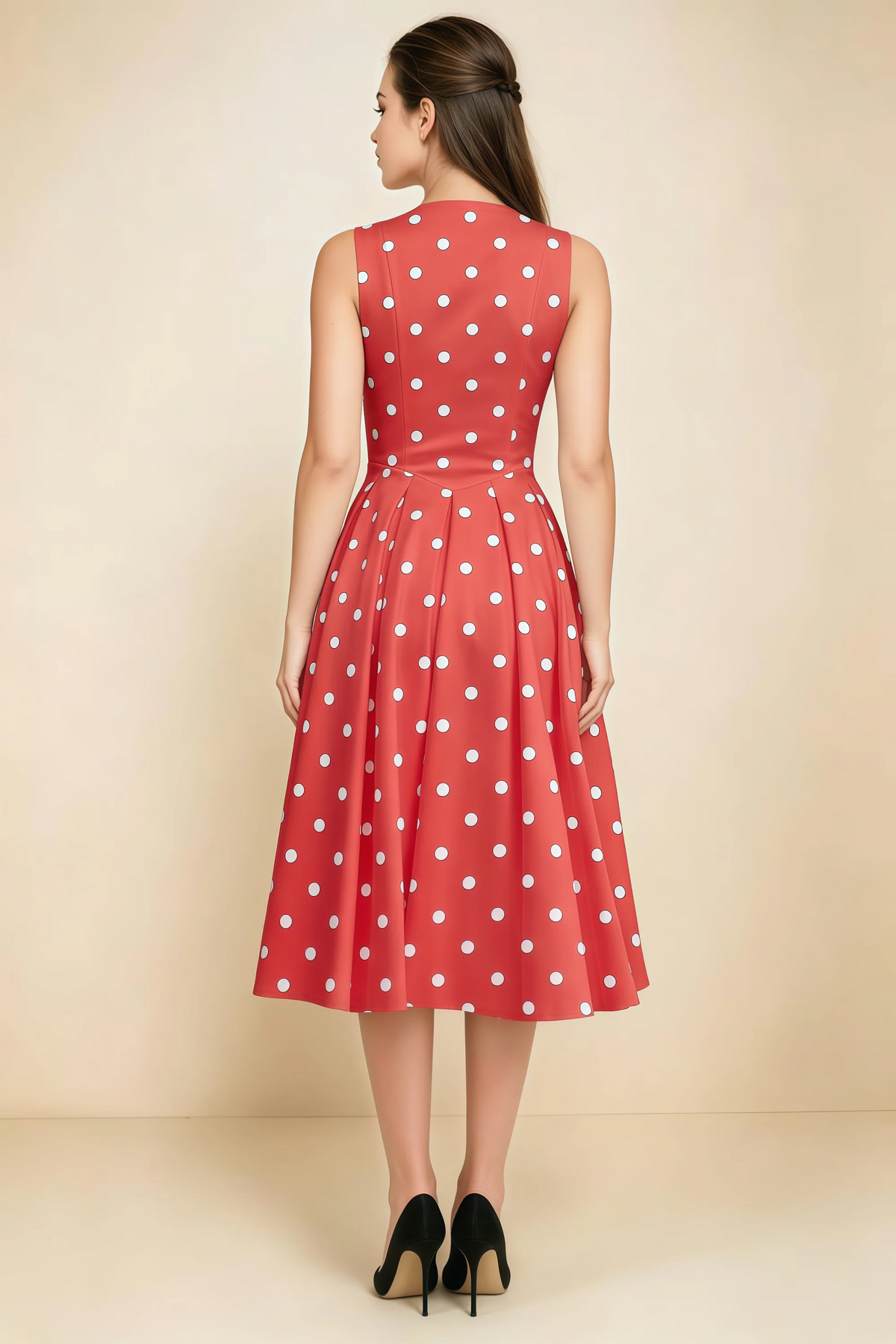 Alison Red Polka Dot V-Neck Structured Midi Dress