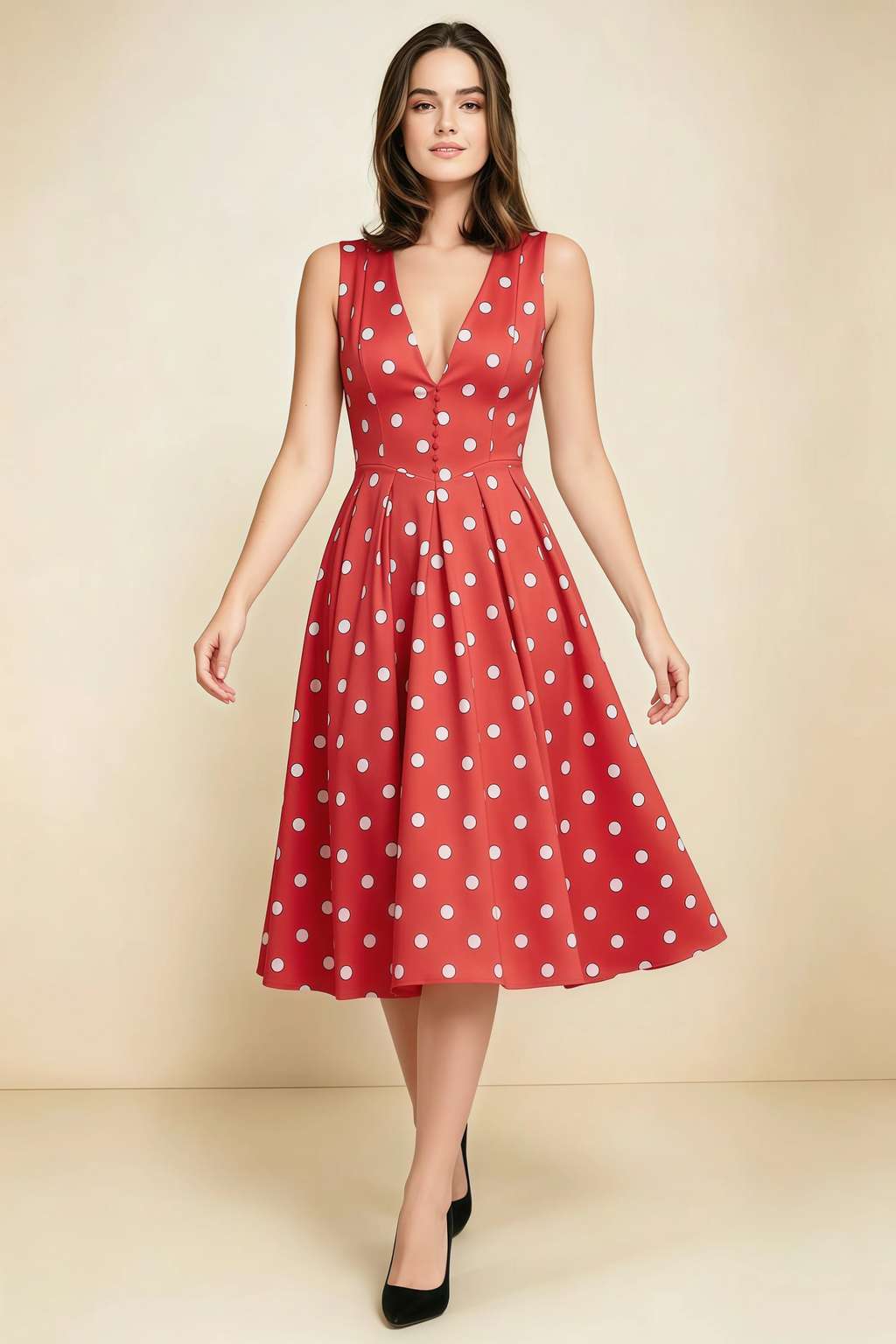 Alison Red Polka Dot V-Neck Structured Midi Dress