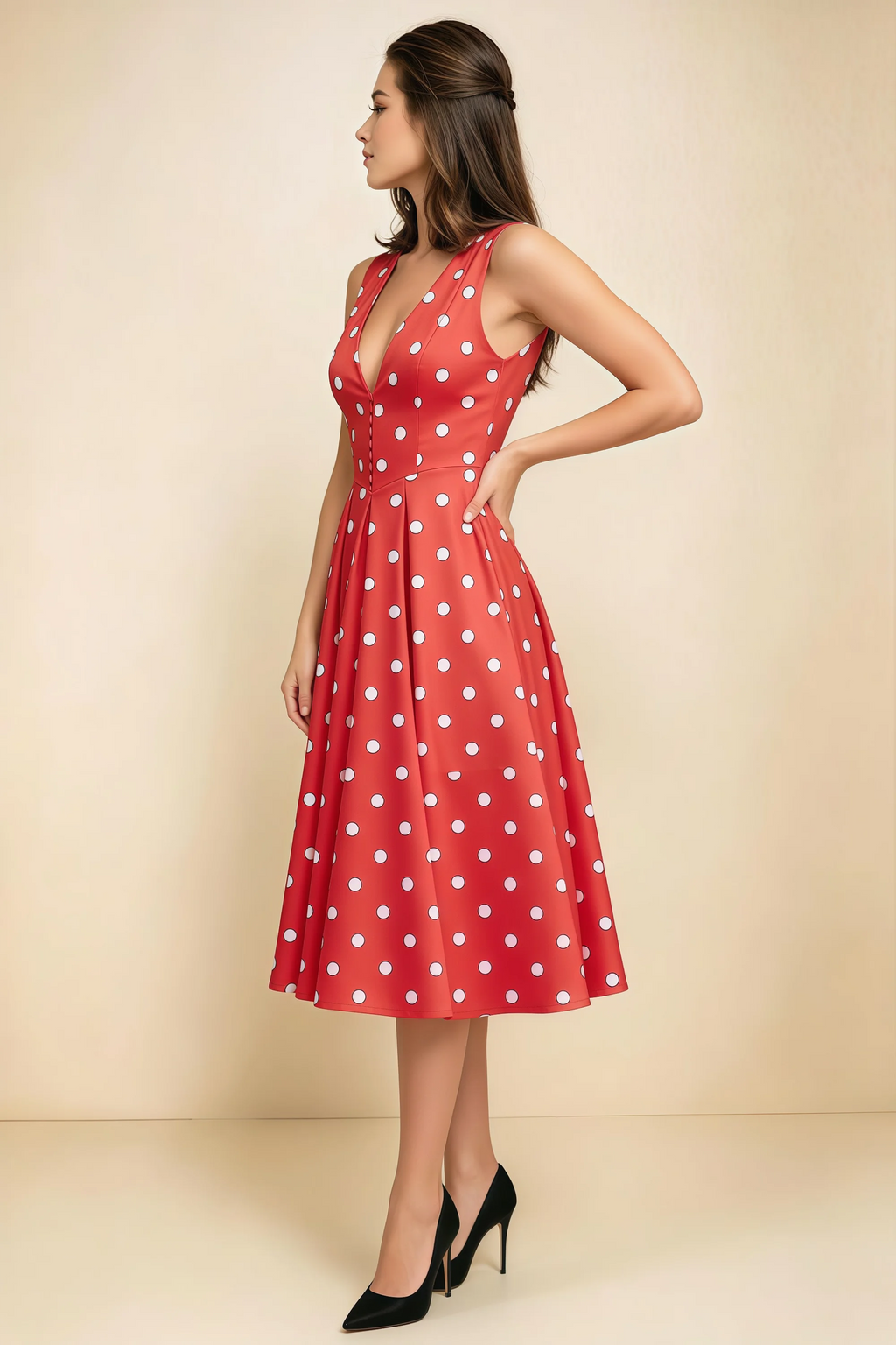 Alison Red Polka Dot V-Neck Structured Midi Dress