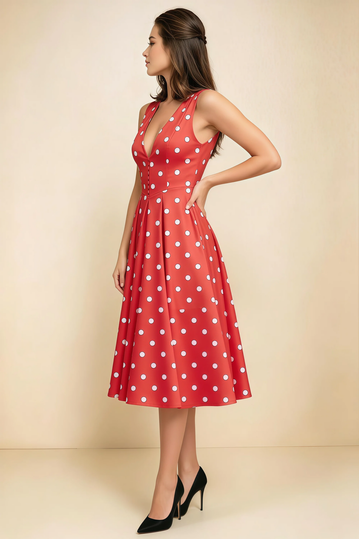 Alison Red Polka Dot V-Neck Structured Midi Dress