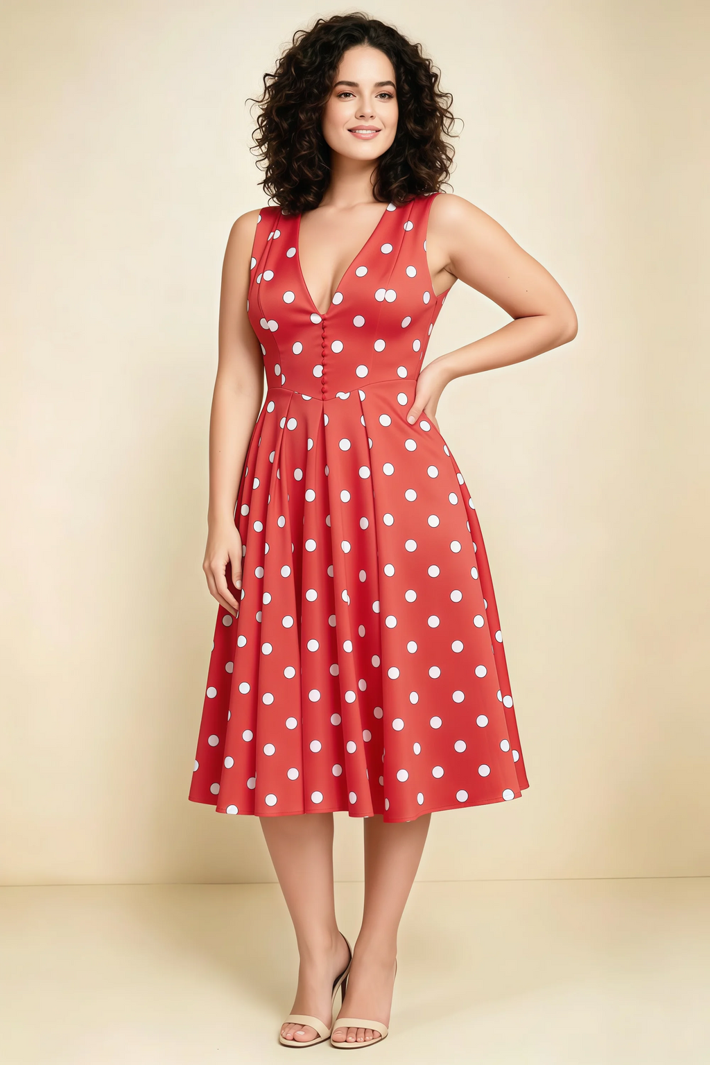 Alison Red Polka Dot V-Neck Structured Midi Dress