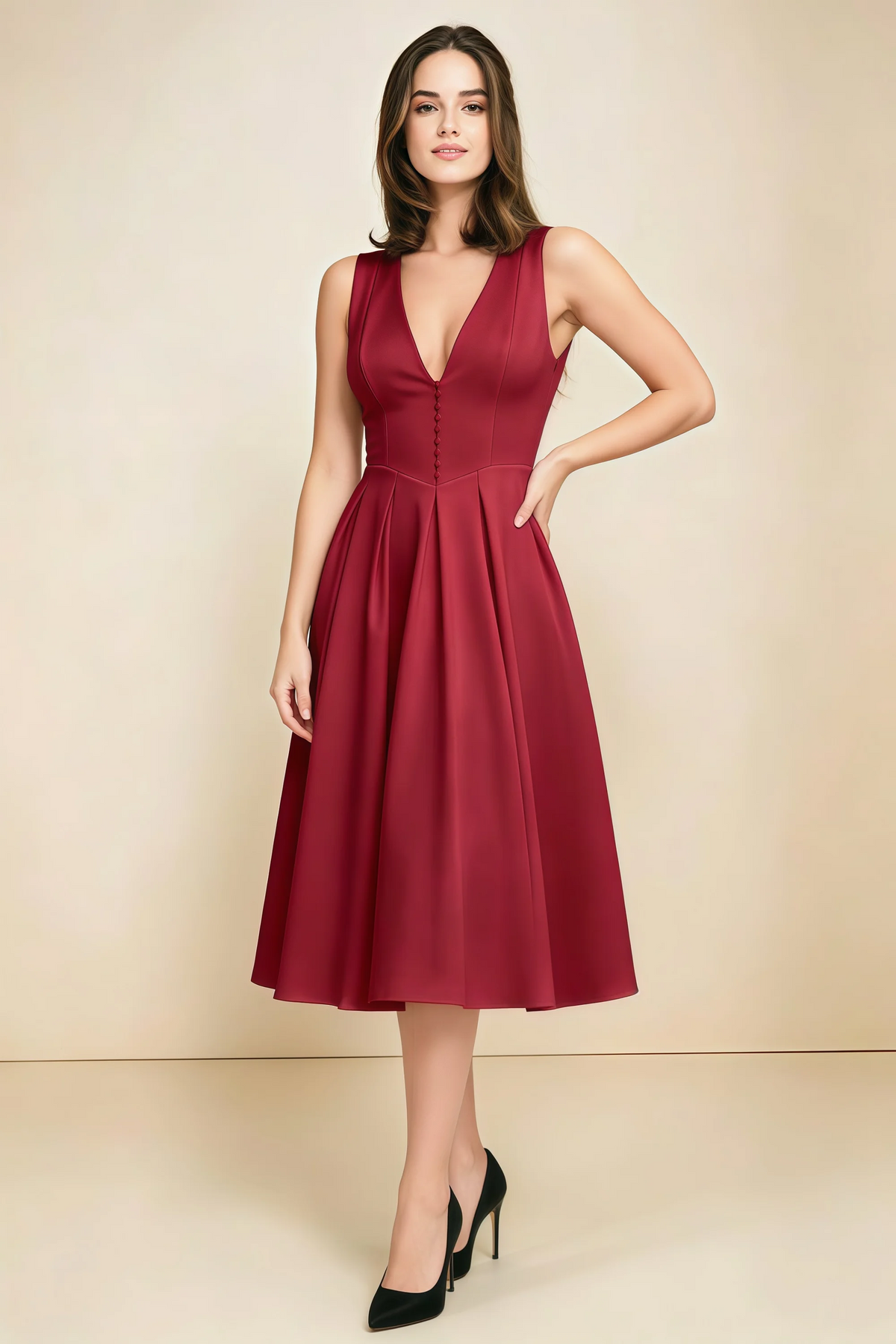 Alison Red V-Neck Structured Midi Dress