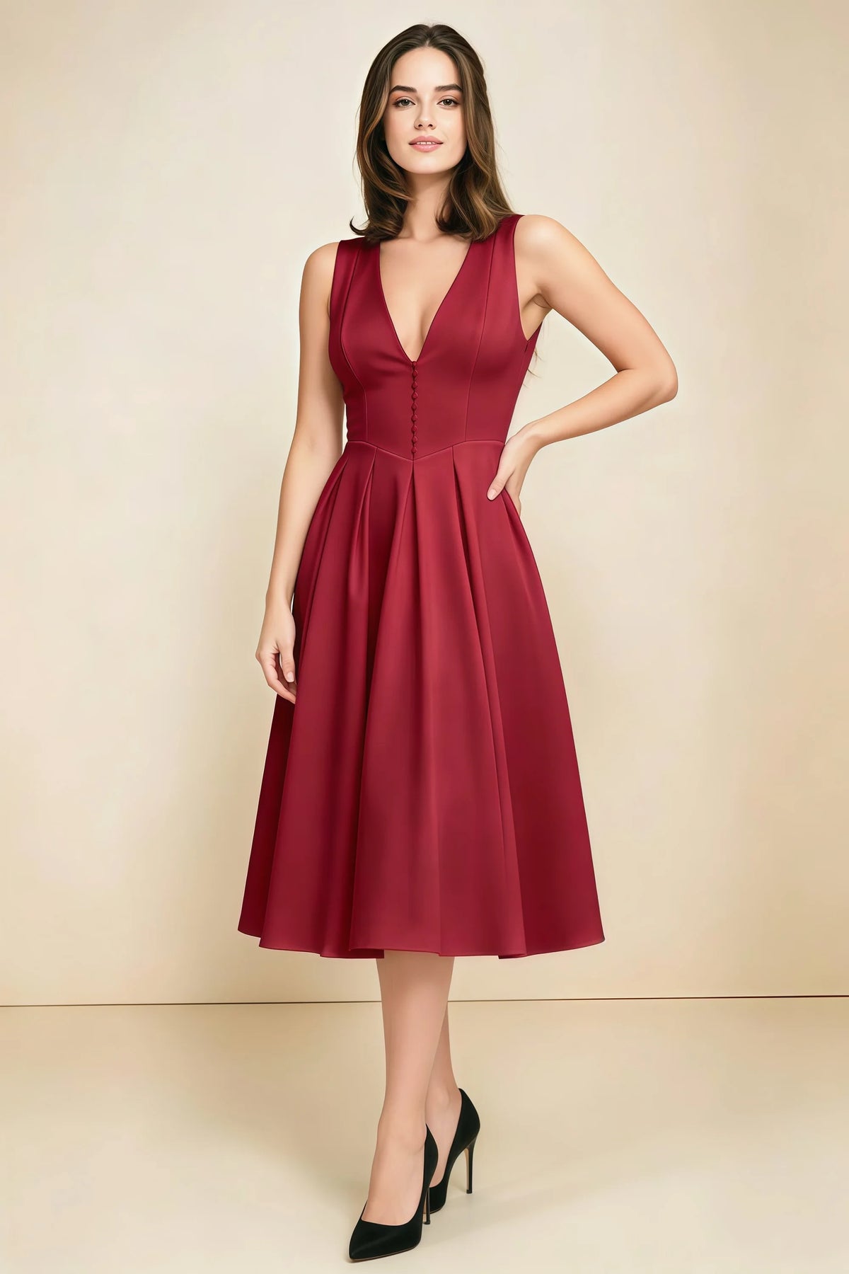 Alison Red V-Neck Structured Midi Dress Imagen principal del producto