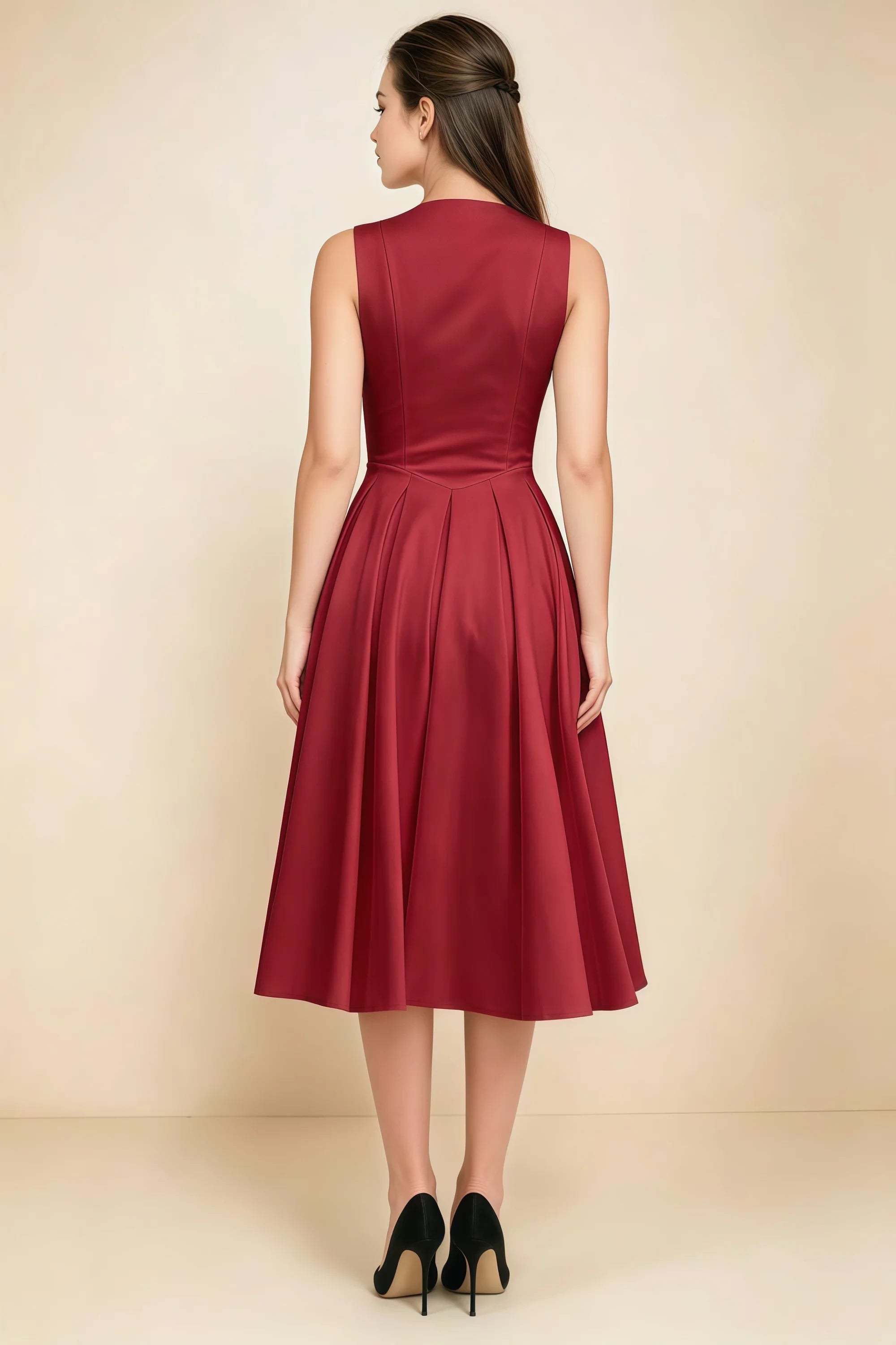 Alison Red V-Neck Structured Midi Dress Imagen secundaria del producto