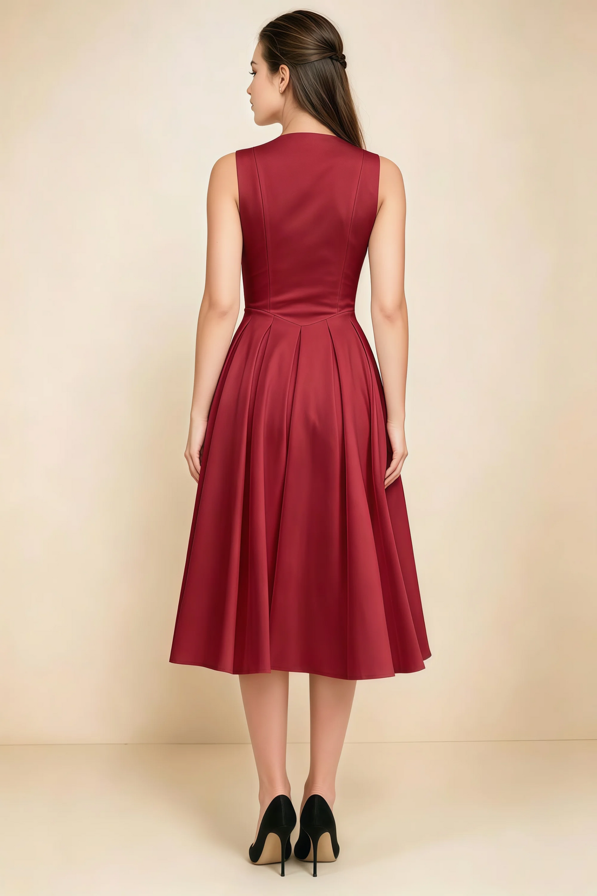 Alison Red V-Neck Structured Midi Dress