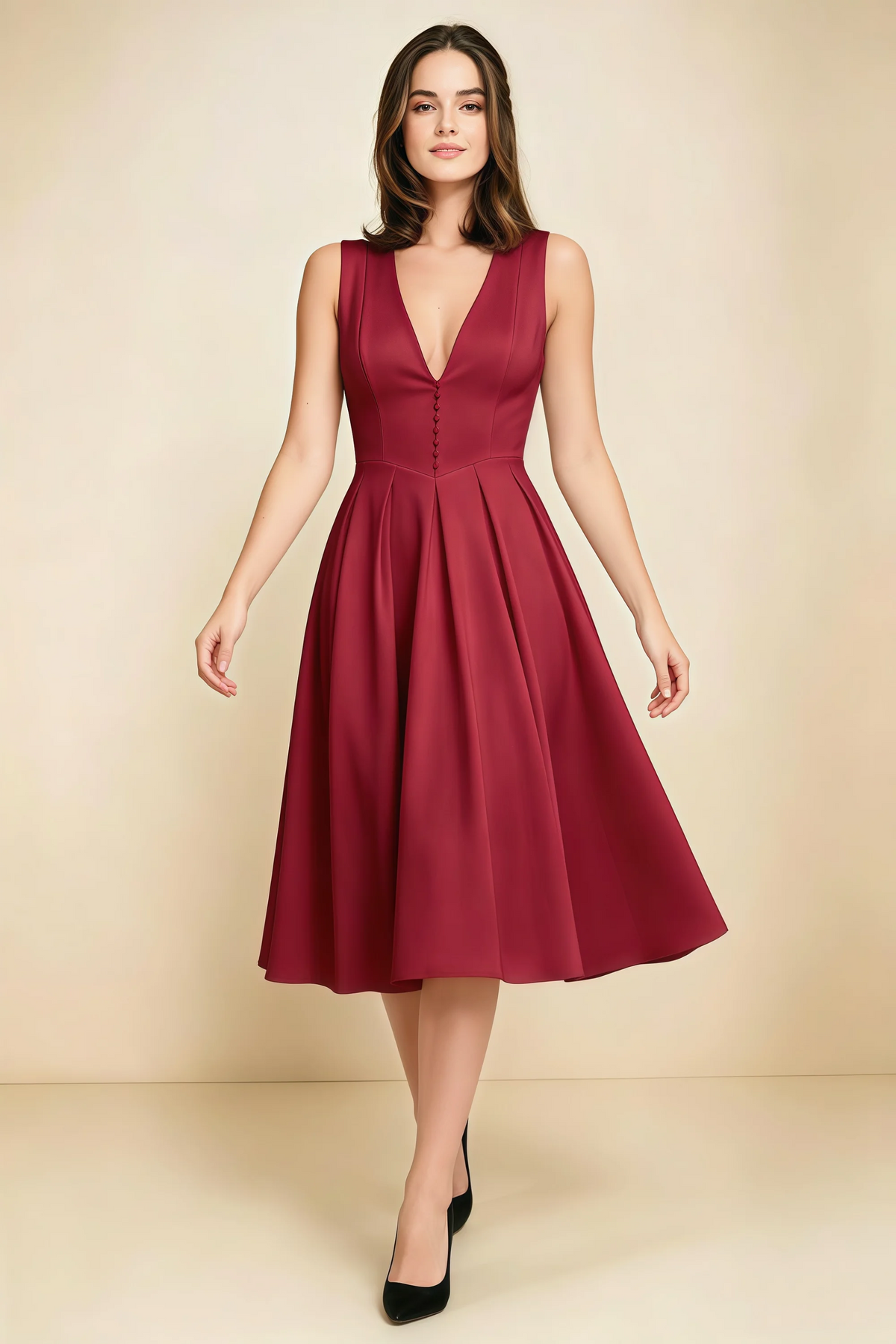 Alison Red V-Neck Structured Midi Dress