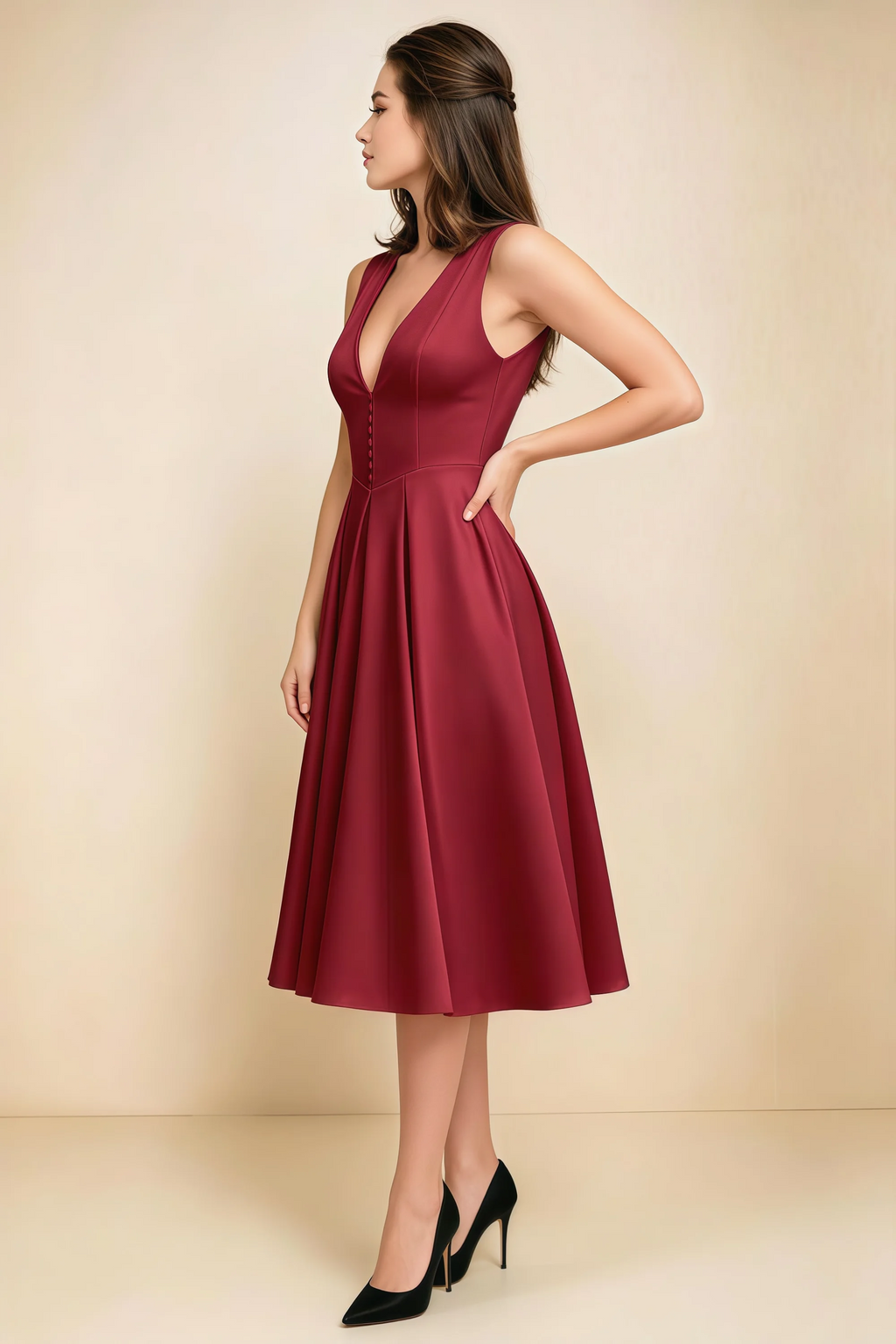 Alison Red V-Neck Structured Midi Dress