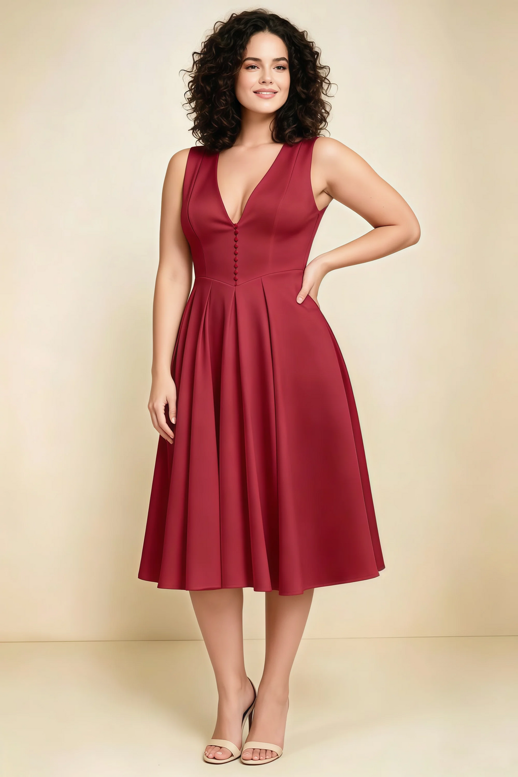 Alison Red V-Neck Structured Midi Dress