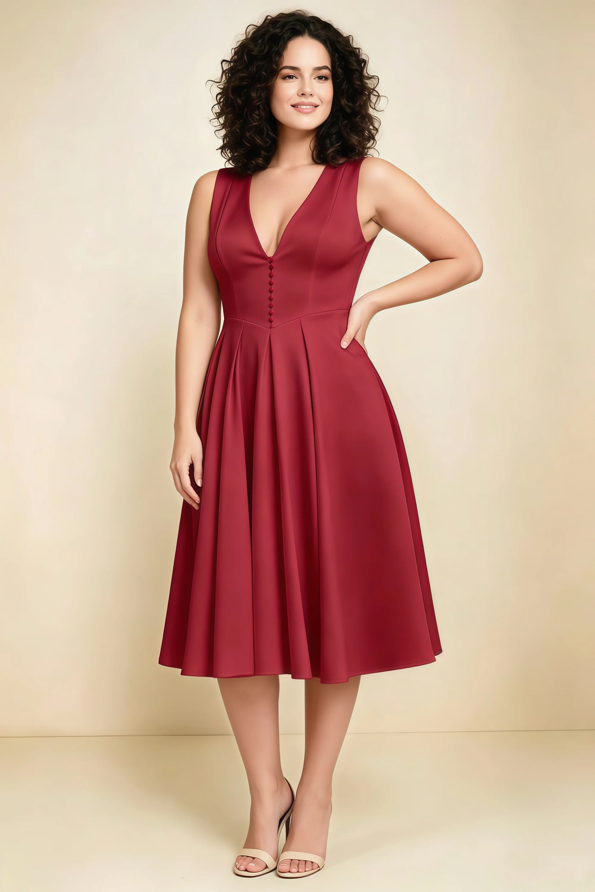 Alison Red V-Neck Structured Midi Dress