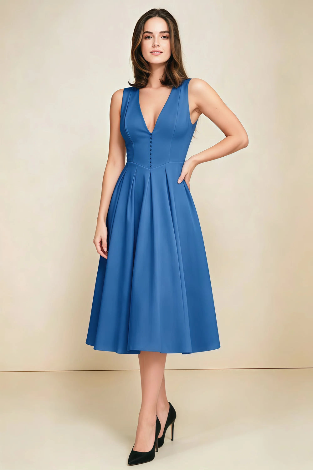 Translation missing: en.Full-length view of the LVLVS Alison royal blue midi dress, showing the sleeveless V-neck bodice, fitted waist and flared pleated skirt. content.product_image_main