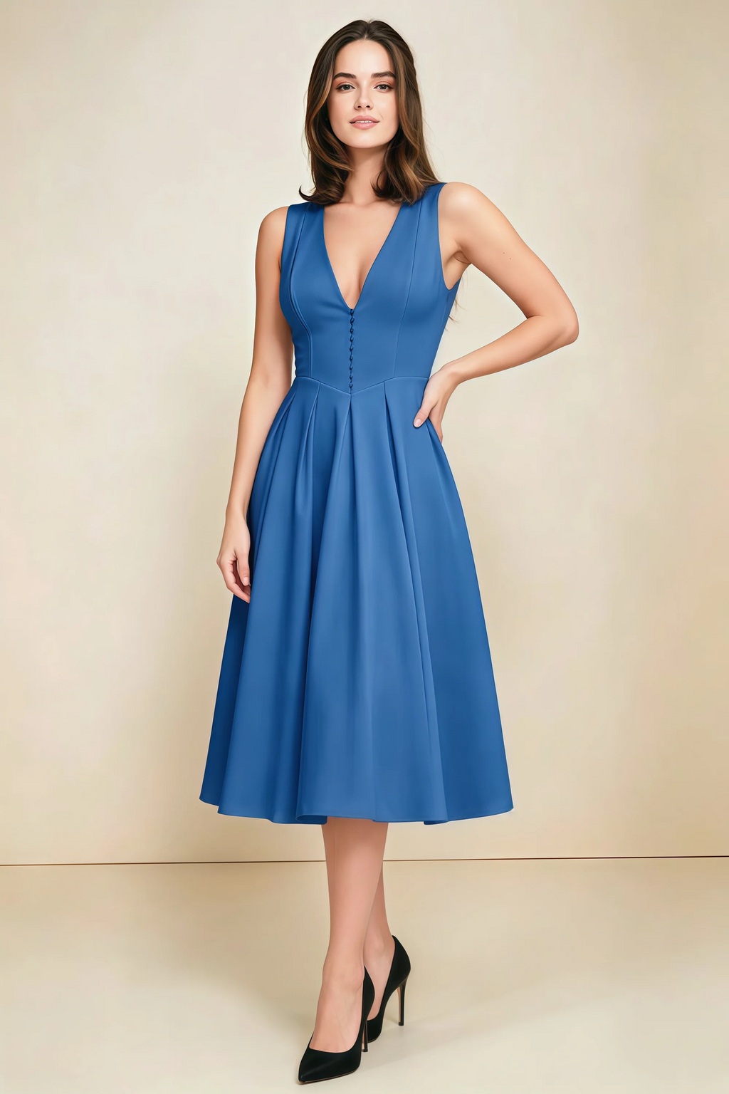 Alison Royal Blue V-Neck Structured Midi Dress